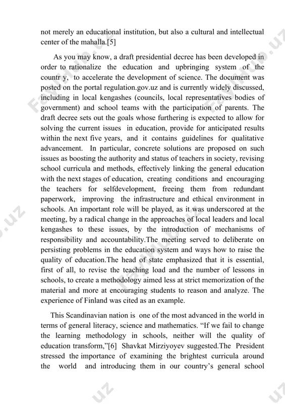 y in schools, neither will the quality of education transform,”[6] shavkat mirziyoyev suggested.the president stressed the importance of examining the brightest curricula around the world and introducing them in our country’s general school education. the ministry of public education was instructed to devise a national curriculum banking on the experience learned and launch its experimental implementation in the learning process starting from the 2023/2024 academic year. for the effective introduction of new approaches, all school teachers will be trained via video communication with the participation of foreign experts. pedagogical institutions will be instrumental in the process, and the methodology for training the educators will be updated. the best foreign textbooks on school subjects of mathematics, physics, chemistry, biology and computer science will also be studied thoroughly. the president reminded the hokims of their personal responsibility for solving such economic issues of schools as renovation of buildings, delivery of better conditions, …