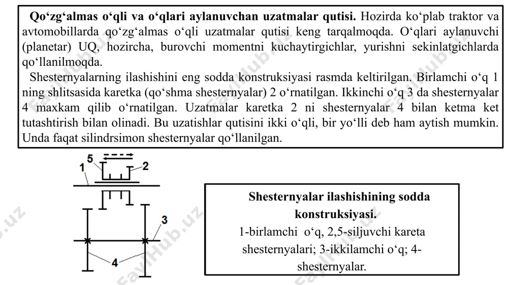 oylanadi. moyni shesternya 6 sachratib berishi ko‘zda tutiladi. t-28x4m traktori uzatmalar qutisining tuzilishi va kinematik sxemasi. uzatmalar qutisi uch o‘qli, olti pog‘onali va to‘rt yo‘llidir, rasm. 1,3-етакчи ўқдаги шлицали силжувчи шестернялар; 2-етакчи ўқ; 4-қовнинг ўқи; 5,6-етакчи ўқ билан эркин боғланган шестернялар; 7-қовнинг шестерняси; 8-қовнинг етакчи шестерняси; 9,21-подшипник стакани; 10-оралиқ ўқ; 11,16,18,20-оралиқ ўқда қаттиқ ўтирган шестернялар; 12-подшипник қопқоғи; 13,14-ростловчи ва зичловчи қистирма; 15,17-иккиламчи ўқдаги силжувчи шлицали боғланган шестернялар; 19-иккиламчи ўқ. хар бир узатмада қуйидаги шестернялар жуфтлашади: биринчи узатма 1-20, 11-15; иккинчи узатма 3-18, 11-15; учинчи узатма 1-20, 16-17; туртинчи узатма 3-18, 16-17; бешинчи узатма 5-16, 11-15; олтинчи узатма 5-16, 16-17; биринчи кетга юришда 1-20, 16-5, 6-15; иккинчи кетга юришда 3-18, 16-15,6-15; учинчи кетга юришда 6-15. mtz -80/82 traktori uzatmalar qutisi, rasm. bu uzatmalar qutisi qo‘shmoq bo‘lib, to‘qqizta pag‘ona oldinga va ikki pag‘ona orqaga xarakatni ta’minlaydi. mtz-80 traktori uzatmalar qutisining tuzilishi (a) va kinematik sxemasi (b). uzatmalar quyidagicha olinadi (reduktor ulanmagan xolda) …