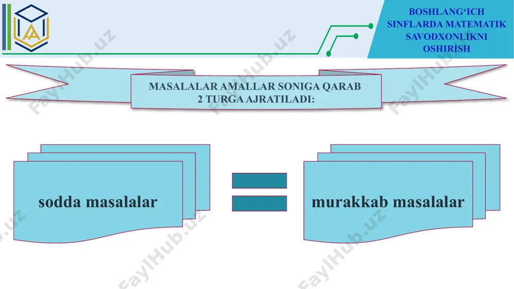 i: a) olingan javob bilan masala sharti o’rtasida moslik o’rnatish; b) teskari masala tuzish va yechish; v) masalani boshqa usullar bilan yechish; g) javobning chegaralarini aniqlash (javobni chamalash); d) grafik tekshirish. мураккаб масалалар устида ишлаш. а) йиғинди ва қўшилувчилардан бири маълум бўлиб, қўшилувчиларни таққослашни талаб қиладиган масалалар. ―боғда 236 туп дарахт экишди, бунинг 127 тупи олма, қолганлари олча. қайси дарахтлардан кўп ва қанча кўп экишган? б) ахб + с, а+бхс ва ҳ.к. кўринишдаги масалалар. (кўпайтириш ва бўлишга оид содда масалаларни ўз ичига олган масалалар.) -қирқиб олишди–2 харидорга 8м дан. қолди – 7 м. бор эди – ? в) икки кўпайтманинг йиғиндисини (айирмасини); икки бўлинманинг айирмасини топишга доир масалалар. ―қурувчилар ҳар бирида 6 тадан хонадон бўлган 8 та уй ва ҳар бирида 5 тадан хонадон бўлган 7 та уй қуришди. бу уйларда ҳаммаси бўлиб қанча квартира бўлган? д) нисбат усули билан ечиладиган бирликка келтиришга доир масалалар. ―иккита бир хил кулча 12 …