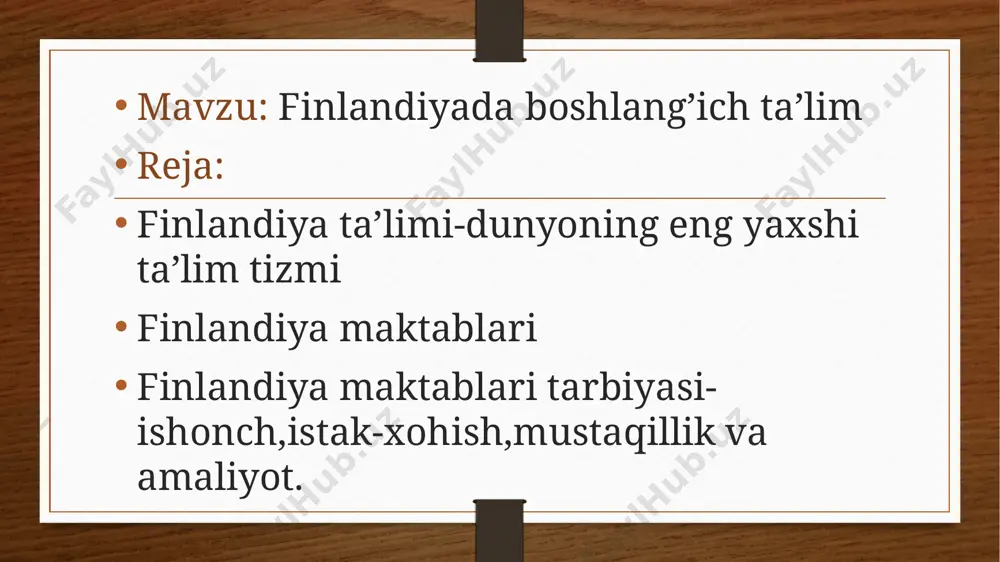 bilan qiyoslash ta’qiqlangan. nogiron va qobiliyatlari bolalar bir sinfda o’qishadi; fin maktablarida eng asosiysi — o’quvchini mustaqil hayotga tayyorlashi, deb hisoblanadi. shuning uchun ham ularga mustaqil bilim olishni o’rgatishadi. bolalar yodlab olingan formulalar o’rniga, spravochnik, kalkulyator va internetdan foydalanishni o’rganadi; o’qituvchilar bir kunda sinf xonasida 4 soat dars beradi va haftaga 2 soat o’qituvchi malaka oshirishiga sarflanadi; finlandiyada "o’qituvchi” kasbi – obro’li kasb hisoblanadi. oliy ta’lim maskanlarida o’qituvchi bo’lish ishlashga juda katta konkurs mavjud; finlandiyada umumiy o’rta ta’lim – bepul. buning ichiga bepul tushlik, ekskursiya, maktab avtobuslari va kitoblar kiradi. ota-onalardan pul yig`ish ta’qiqlangan; finlandiya maktablari – maktablar mamlakatda na elita va na "bo‘shroq" maktablar bor. finlyandiyadagi eng yirik maktabda 960 nafar o‘quvchi ta'lim oladi. eng kichigida esa - 11 nafar. barcha maktablar mutlaqo bir xil jihozlangan, birdek imkoniyatlarga ega va bir xil moliyalashtirilgan. deyarli barcha maktablar - davlat maktablari bo‘lib, o‘nlab xususiy maktablar bor. ularning ota-onalar qisman to‘lov kiritishlaridan …