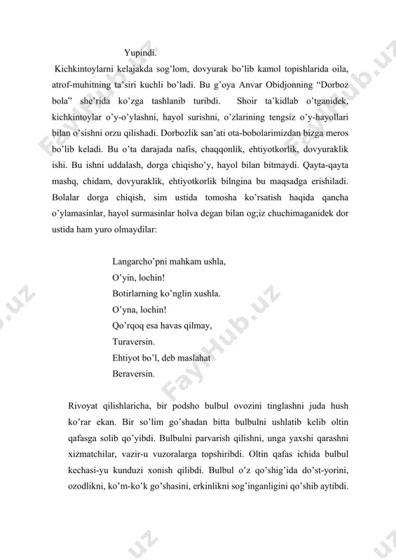 unyoda eng yomon odat bu ochko’zlikdir. nafsni tiyish, ochko’z bo’lmaslik boylik hisoblanadi. kimki nafsni tiyib, yon-atrofga quloq solib yashasa faqat yutadi, el-yurt o’rtasida obro’-e’tibori oshib boraveradi. bir misol. bu tovuq har ikki kunda bir marta tuxum qilar ekan. kampir ikki kunda bitta tuxum qanoat qilmabdi. bir kuni u o’ziga-o’zi: · tovug’im o’lgurning ichi to’la tuxum, qornida tuxum xazinasi bo’lsa ham, ikki kunda bitta tuxum berib meni aldab yuribdi. undan ko’ra qornidagi hamma tuxumni chiqarib ola qolay, deb o’ylabdi. darhol tovuqni so’yibdi. lekin uning qornidan bir dona ham tuxum chiqmabdi, boz ustiga nodon kampir tovug’idan ham ajralib qolibdi... mana sizga ochko’zlikning oqibati! agar kampir sabr-toqatli bo’lganida, ochko’z bo’lmaganida, ertani o’ylab ish ko’rganida o’z nasibasini o’zi qiymagan, tovuqni o’ldirmagan bo’lar edi. anvar obidjon o’zining bir qator asarlarida bolalarni xuddi kampir singari ochko’z bo’lmaslikka chinakamiga da’vat qilganligini ko’ramiz. ayniqsa, “ochofatning po’pisasi”da bu mavzu yanada jaranglab, turadi: meni yana ursang mamat, yuragimda o’ch yig’aman. …