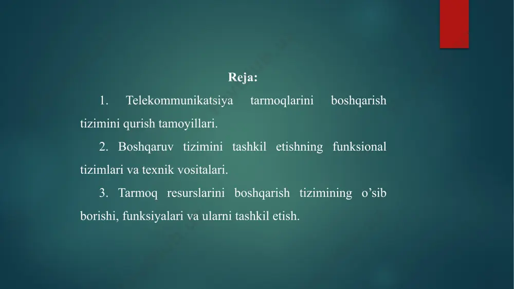boshqarish; - abonentlarga ko’rsatilayotgan xizmatlarning shartnomaviy talablariga rioya qilgan holda xizmatlarni boshqarish; - butun aloqa sohasi miqyosida biznesni boshqarish. operatorlar bilan aloqa ma’muriy boshqaruv tizimi xizmat taqdim etuvchilar qo’llash tizimlari bilan aloqa transport vazifalari axborotni saqlash hisoblarni boshqarish xavfsizlikni boshqarish xizmatlarni qayta ishlash yangi xizmat- larni kiritish ishni boshqarish konfiguratsiyani boshqarish nosozliklarni boshqarish vakolatlarni boshqarish resurslar kirishni boshqarish kommutatsiya qurilmalarini boshqarish uzatish tizimlarini boshqarish avariya signalize-tsiyasini boshqarish int.tarmoq. platformasini boshqarish abonent qurilmalari tugun uzatish tizimlari uzatish muhitu ma’lumotlar bazasi int.tarmoq. qurilmalari biznesni bosqarishsathi tex.xiz.ko’r.tiz dinbotiz xizmatlarnibosqarishsathi tarmoqni bosqarishsathi tarmoq elementlarini bosqarishsathi turli darajadagi ilovalar bir-biridan keskin farq qiladi va bir nechta funksional bo’limlarga bo’linadi. har bir bo’limning ilovalarini tarmoqni boshqarishning istagan darajasida aniqlash mumkin. boshqarilayotgan uskunaning turiga qarab, ilovalar bog’liqlik darajasi ham alohida o’rin tutadi. boshqaruv ilovalari nosozliklari bo’yicha o’zaro bir-biriga o’xshaydi va boshqarilayotgan uskunalarning turiga bog’liq bo’lmaydi, rekonfiguratsiya ilovalari yoki tarmoq strukturasi va uskunasini boshqarish butunlay shu uskunalarning spetsifikasiga …