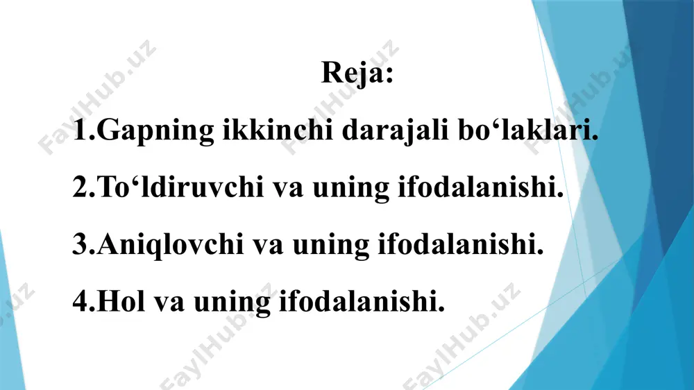 a quloch och. (maqol). aziz o‘g‘lim, yomonlar bilan suhbatdosh bo‘lma, ulardan arslondan qochganday qoch, hammaga rahm va shafqat ko‘zi bilan qara. («oz-oz o‘rganib dono bo‘lur»). botirdan yaxshi ish qolar, donodan - yaxshi so‘z. (maqol). otlashgan son bilan: chiqmasa... bittasini menga ber, bir-ikki oy boqay... (p.qodirov). ikkovga birov botolmas, otliqqa yayov etolmas. (maqol). otlashgan olmosh bilan: manmanlik yaramas odat ekanini anglang, hamisha buni yodingizda tuting. («oz-oz o‘rganib dono bo‘lur»). katami, kichikmi har qaysisini hurmatlab, yoshi va martabasiga ko‘ra muomala qiling. («oz-oz o‘rganib dono bo‘lur»). otlashgan sifatdosh bilan: ayrilganni ayiq er, botinganni bo‘ri er. (maqol). otlashgan ravish bilan: ko‘kka boqma, ko‘pga boq. (maqol). ko‘pni bilgan oz so‘zlar, oz bo‘lsa ham soz so‘zlar. (maqol). otlashgan taqlid so‘z bilan: to‘g‘ ri, studentlar allaqachon paxtadan qaytib, yomg‘irdan ivigan parklar yana oshiq-ma’shuqlarning shivir-shiviriga to‘ldi. (o‘.hoshimov). to‘ldiruvchi o‘z vazifasi va shakliga ko‘ra ikki turga ajratiladi: vositasiz to‘ldiruvchi va vositali to‘ldiruvchi. vositasiz to‘ldiruvchi harakatni o‘ziga qabul qilgan, harakat …