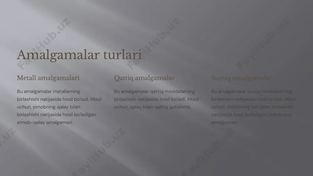 tbaho metallarni qazib olishda, elektrodlarni ishlab chiqarishda va boshqa sanoat jarayonlarida qo'llaniladi. ilmiy tadqiqotlar amalgamalar turli ilmiy tadqiqotlarda, jumladan, kimyoviy reaksiyalarni o'rganishda va yangi materiallarni ishlab chiqarishda ishlatiladi. 5 amalgamalarning afzalliklari 1 bardoshlilik amalgamalar o'zlarining chidamliligi va bardoshliligi bilan mashhur. 2 arzonlik amalgamalar boshqa materiallarga qaraganda arzonroq. 3 osonlik amalgamalarni qo'llash va ishlab chiqarish oson. 6 amalgamalarning kamchiliklari 1 toksislik amalgamalar tarkibida simob bor, bu toksik element. 2 estetik amalgamalar ko'rinish jihatidan jozibador emas. 3 allergiya ba'zi odamlar amalgamalarda mavjud bo'lgan moddalarga alerjisi bo'lishi mumkin. 7 amalgamalar haqida qiziqarli ma'lumotlar 1 dunyoda dunyoda amalgamalar stomatologiyada eng ko'p ishlatiladigan materiallardan biri hisoblanadi. 2 tarix amalgamalar qadimgi zamonlardan beri ma'lum. 3 tarkibi amalgamalarning tarkibi turli xil bo'lishi mumkin. 4 kelajak amalgamalarni almashtirish uchun yangi materiallar ishlab chiqilmoqda. 8 amalgamalarni qanday to'g'ri ishlatish kerak xavfsizlik amalgamalarni ishlatishda xavfsizlik choralariga rioya qilish juda muhim. to'g'ri qo'llash amalgamalarni qo'llashda to'g'ri usullar va texnikalarga amal qilish …