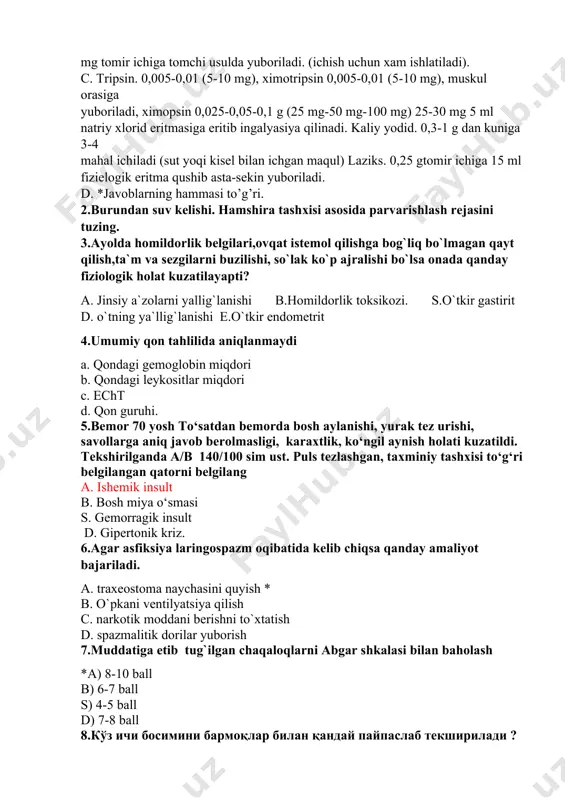 ish 7.muddatiga еtib tug`ilgan chaqaloqlarni abgar shkalasi bilan baholash *a) 8-10 ball b) 6-7 ball s) 4-5 ball d) 7-8 ball 8.кўз ичи босимини бармоқлар билан қандай пайпаслаб текширилади ? 1.агар пайпаслашда енгил флюктуация аниқланса кўз ичи босими меъёрда ҳисобланади, тн деб белгиланади. 2. текширувчи иккала кўрсаткич бармоқларини қовоқ устига-тоғай юқорисига қўяди ва ҳар бир бармоғи билан кўзни галма-галдан босади. 3.бемордан кўзларини юмишни ва пастга қараши сўралади. 4. агар кўз олмаси қаттиқ бўлса, кўз ичи босими юқори. қаттиқроқ бўлса- т+1; анча қаттиқ бўлса- т+2; тошдек қаттиқ бўлса- т+3 деб белгиланади. 5. агар кўз олмаси юмшоқ бўлса, кўз ичи босими паст. юмшоқроқ бўлса- т-1; анча юмшоқ бўлса- т-2; латтадек юмшоқ бўлса- т-3 деб белгиланади. а) *3, 2, 1, 4, 5 в) 1, 2, 3, 4, 5 с) 2, 3, 1, 4, 5 d) 3, 1, 2, 4, 5 9.томоқни чайиш техникаси кетма кетлигини кўрсатинг ? 1.бошини орқага энгаштириб 30 сония давомида …
