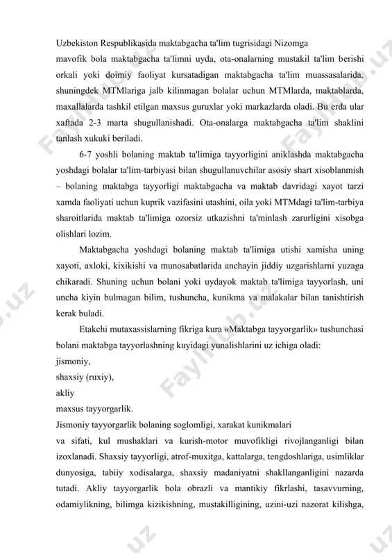 ajada egallash xakidagi tushunchasini shakllantirishni nazarda tutadi. bolalarni maktabda uktishning samaradorligini kup jixatdan ularning tayyorgarlik darajalariga boglik buladi. maktabda ukishga tayyorgarlik – mtmsi va oilada maktabgacha tarbiya yoshidagi bolaga kuyadigan talablar orkali aniklanadi. bu talabalarning uziga xos tomoni ukuvchining yangi sotsial psixologik urni, u bajarishga tayyorlangan bulishi lozim. yangi vazifa va burchlardan kеlib chikadi. maktabga kirish bola xayotidagi odatiy turmush tarzi, atrofdagilar bilan munosabat sistеmasining uzgarishiga alokador muxim davrdir. bola xayotida birinchi bor markaziy urinni ijtimoiy axamiyatga ega bulgan ukuv faoliyati egallaydi. unga odatiy bulgan erkin uyin faoliyatidan farkli ularok, endi ta'lim majburiy buladi va birinchi sinf ukuvchisidan 4 ta jiddiy munosabat talab kilinadi ta'lim faoliyatining еtakchi turi sifatida bolaning kundalik xayot jarayonini kayta kuradi: kun tartibi uzgaradi, erkin uyinlar vakti kiskaradi. bolaning mustakilligi va uyushganligi, uning ishchanligi va intizomlilikka talablar jiddiy ravishda ortadi. maktabgacha yoshdagi bolalikka nisbatan ukuvchining uz xatti-xarakati, majburiyatlarini bajarishga shaxsiy ma'suliyati ancha-muncha ortadi. bolalarni maktabga tayyorlash, …