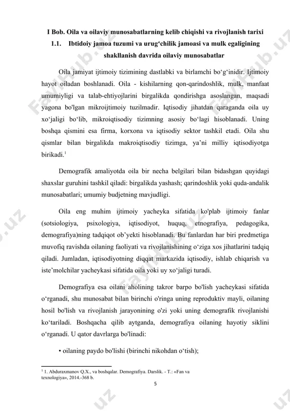 sh ish, oila a’zolarining ajralib chiqishi: oiladagi bolalar maktabga bora boshlagan payt. vazifa - ota-onalar shaxsini bola shaxsidan ajratib olish va oilada ham, undan tashqarida ham yordam ko'rsatish; • o'rtoqlik munosabatlari: oilada o'smir bolalar mavjud bo'lgan davr. vazifa - bola va ota-ona o'rtasida uning o'sib borayotgan mustaqilligini tushunishga asoslangan munosabatlarni o'rnatish; • qayta guruhlanish: voyaga yetgan farzandlar ota-ona uyini tashlab ketadi. vazifa avlodlar o'rtasidagi o'zaro munosabatlarni o'zgartirish, ota-onalar va bolalar o'rtasida «kattalar kattalar bilan» singari o'zaro munosabatlarga o'tish; • tiklash - oilada ota-ona tashvishlari to'la yo'qoladi. vazifa - bolalarsiz er- xotin juftligi munosabatini tikiash. bolalar va ota-onalar munosabatlari ham o'zgarib ketadi; • o'zaro qo'llab-quwatlash - ota-onalar pensiyada, er-xotin ko'pincha buva va buvi bo'lib qoladi. vazifa - avlodlar o'rtasida o'zaro qo'llab-quwatlash tizimini yaratish. iqtisodiyotda «uy xo'jaligi» degan tushuncha bor, lekin buni ro'zg'ordagi xo'jalik ishlari deb tushunish noto'g'ri. bu tushuncha iqtisodiy faoliyat yurituvchi xonadonni anglatib, bunda oilasizlar va oilalar tushuniladi. uy xo'jaligining …