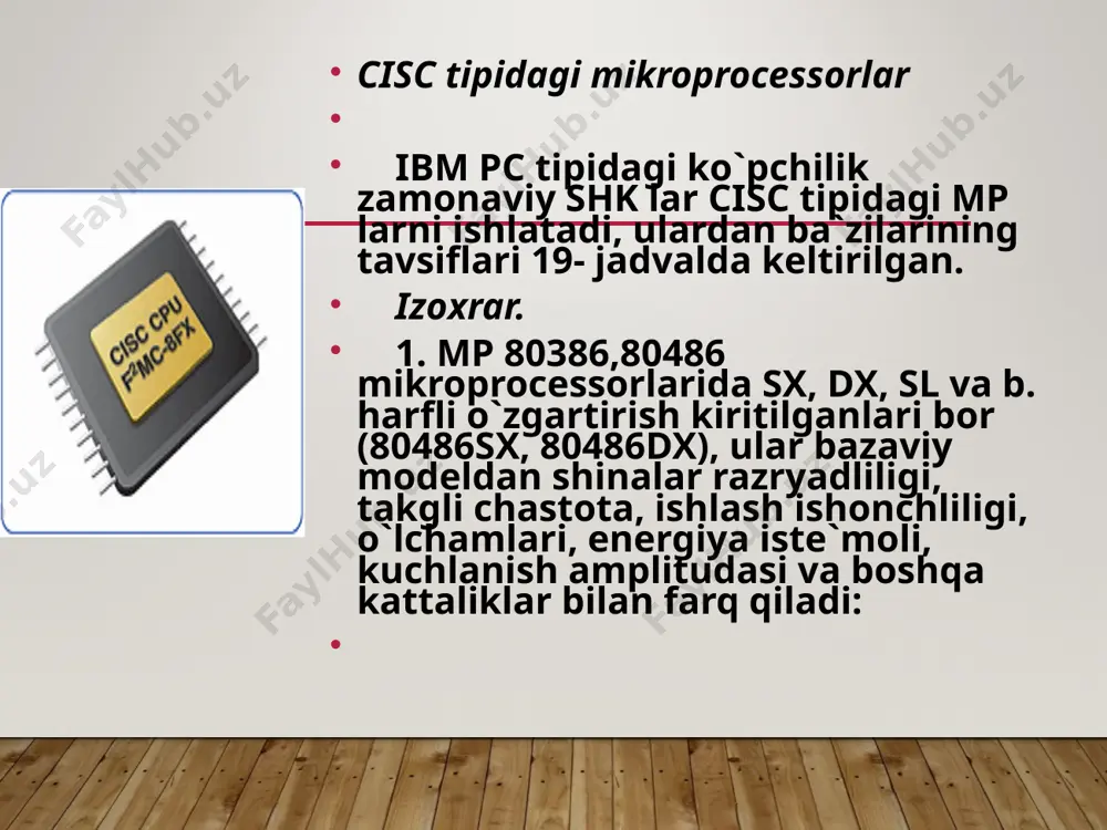 xnik echimlar tufayli ular shk lar uchun yanada yuqoriroq unumdorlikni ta`minlaydi. pentium mmxva pentium ii mikroprocessorlari 1997 yil ning yanvarida va iyunida multimedia texnologiyasida ishlash uchun modernizaciya qilingan va mos ravishda pentium mmx (mmx — multi media extention) va pentium ii savdo markalarini olgan pentium pro mikroprocessorlarining taqdimot marosini bo`ldi. pentium mmx mp audio- va videoma`lumotlarni qayta ishlashga mo`ljallangan qo`shimcha 57 ta buyruq, ikki marta kattalashgan (32 kbayt gacha) kеsh-xotira, pentium pro mp dan olingan tarmoqlanishlarni oldindan aytish yangi blokini va b. o`z ichiga oladi. shuning hisobiga unda pentium mp ga nisbatan 1 millionta tranzistorli еlement ko`proqdir. bu mikroprocessorlarnn samarali ishlatish uchun barcha еski dasturlarga (shu jumladan windows 95, windows nt operacion tizimlariga ham) moslashtiruvchi dasturli lavhalarni qo`shish kerak; aslida еsa, ularsiz ham pentium mmx mp oddiy pentium mp dan birmuncha unumliroqdir. pentium mmx mp oddiy ilovalarni bajarishda pentium mp ga qaraganda 10-15% tezkorroqdir, yangi 57 ta buyruqni ishlatib multimedia …