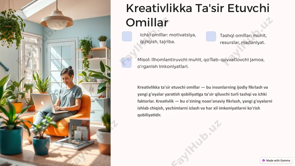 gicha yechish. kreativlikni kundalik hayotda qo'llash — bu oddiy vaziyatlar va faoliyatlar orqali yangi va innovatsion yondashuvlarni topish, muammolarni hal qilishda ijodiy fikrlashni ishlatishdir. kreativlik faqat san’at yoki ilm-fan bilan shug’ullanuvchi odamlar uchun emas, balki har bir inson uchun kundalik hayotda foydali bo‘lishi mumkin. uning yordamida oddiy vaziyatlar ham yangi va qiziqarli tarzda hal etiladi. 2 innovatsiyalar ishda innovatsiyalarni joriy etish. 3 rivojlanish shaxsiy rivojlanishni tezlashtirish. xulosa kreativlik - bu rivojlantirish mumkin bo'lgan qobiliyat. doimiy mashq va yangi narsalarga ochiqlik kreativlikni kuchaytiradi. kreativ fikrlash kelajak uchun kalitdir.kreativ fikrlash, munosabat va holat — bu akademik ko'nikmalar va kasbiy kompetentlikni shakllantirishda muhim omillardir. kreativ fikrlash individning yangi g'oyalarni ishlab chiqishi va murakkab masalalarni hal qilishdagi ijodiy yondoshuvini rivojlantiradi. shu bilan birga, munosabat va holat, o'quvchilar va kasbiy shaxslarning o'zaro hamkorlikda samarali ishlashini ta'minlaydi. bu uch faktor o'zaro bog'liq bo'lib, akademik va kasbiy muvaffaqiyatga erishishda muhim rol o'ynaydi. har bir shaxsning o'zini rivojlantirishga …