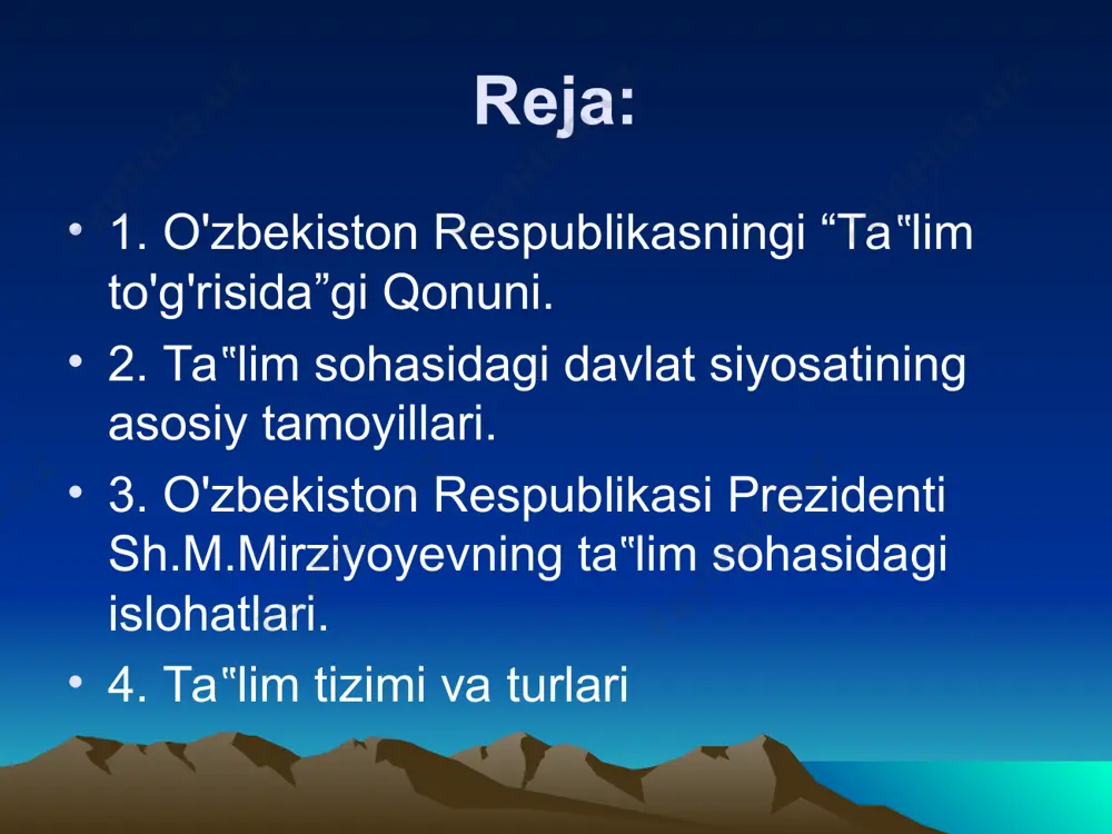 uriyligi; o‘rta maxsus, kasb-hunar ta’limi yo‘nalishini: akademik litseyda yoki kasb-hunar kollejida o‘qishni tanlashning ixtiyoriyligi; ta’lim tizimining dunyoviy xarakterda ekanligi; davlat ta’lim standartlari doirasida ta’lim olishning hamma uchun ochiqligi; ta’lim dasturlarini tanlashga yagona va tabaqalashtirilgan yondashuv; bilimli bo‘lishni va iste’dodni rag‘batlantirish; ta’lim tizimida davlat va jamoat boshqaruvini uyg‘unlashtirish 11 ta bob 75 ta moddadan iborat ta’lim sohasidagi asosiy prinsiplar quyidagilardan iborat: ta’lim ustuvorligining tan olinishi; ta’lim olish shaklini tanlash erkinligi; ta’lim sohasida kamsitishlarga yo‘l qo‘yilmasligi; ta’lim olishga doir teng imkoniyatlarning ta’minlanishi; ta’lim va tarbiyaga milliy hamda umuminsoniy qadriyatlarning singdirilganligi; ta’lim va tarbiyaning insonparvarlik, demokratik xususiyati; ta’limning uzluksizligi va izchilligi; o‘n bir yillik ta’limning hamda olti yoshdan yetti yoshgacha bo‘lgan bolalarni bir yil davomida umumiy o‘rta ta’limga tayyorlashning majburiyligi; davlat ta’lim standartlari va davlat ta’lim talablari doirasida ta’lim olishning hamma uchun ochiqligi; o‘quv dasturlarini tanlashga doir yondashuvning yagonaligi va tabaqalashtirilganligi; insonning butun hayoti davomida ta’lim olishi; jamiyatda pedagoglarni ijtimoiy himoya qilishning kafolatlanganligi; …
