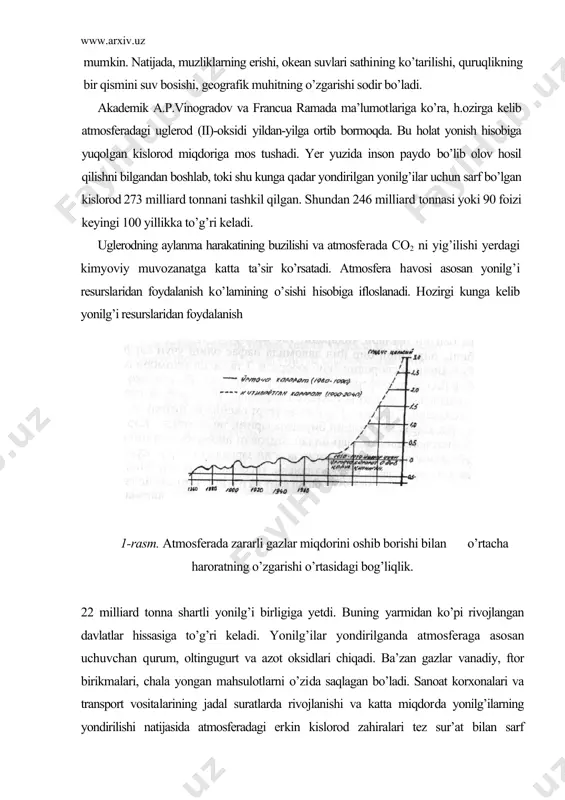 a katta miqdorda yonilg’ilarning yondirilishi natijasida atmosferadagi erkin kislorod zahiralari tez sur’at bilan sarf bo’lmoqda va uglerod(ii)-oksidining miqdori keskin oshmoqda. oqibatda, tabiatda uglerodning aylanma harakati buzilmoqda. atmosfera havosini ifloslantiruvchi manbalar. rasmiy ma’lumotlarga qaraganda, atmosferaga dunyo bo’yicha 50 mil​lion tonna har xil uglevodorodlar, 260 million tonna ol​tingugurt oksidlari, 50-60 million tonna azot oksidlari, 2 million tonnadan ortiqroq, chang va ko’lsimon moddalar tashlanmoqda. atmosfera havosining kundan-kunga, yiddan-yilga bunchalik ifloslanib borishida avtotransportlarning «aybi» borligi yaqqol ko’rinib turibdi. hozirgi kunda dunyo bo’yicha 500 milliondan ortiqroq, avtomobil mavjud bo’lib, ular yiliga 3 milliard tonnadan ortiq, uglevodorod yoqilg’isini sarflamoqda, uning yonishi natijasida atmosferaga juda katta miqdorda zararli gazlar ajralib chiqmoqda. hisob-kitoblarga ko’ra, yer yuzasidagi barcha avtomobillar bir sutka davomida atmosferaga 0,5 million tonna uglerod oksidi, 1000 tonna uglevodorodlar, 26 ming tonna azot oksidlari va benzin butlari chiqaradi. 100 km yurgan bitta avtomo​bil, bir kishi bir yil davomida nafas olish uchun sarf bo’ladigan kislorodni yoqib yuboradi. 1 …