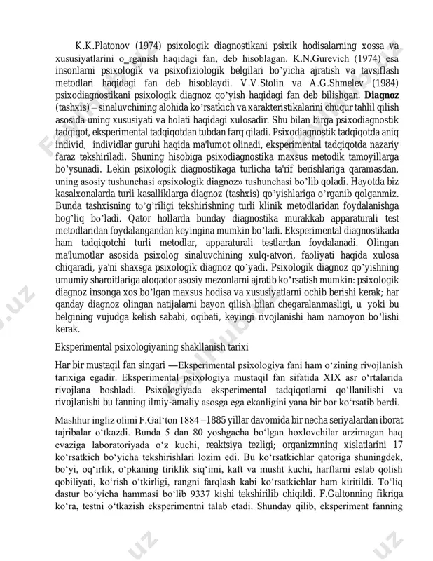 y to’siq yuzaga keldi. mashhur rus psixologi l.s.vigotskiy shaxs psixik taraqqiyoti xususiyatlarini o’rganishga muhim hissa qo’shdi. uning ta'limoti insonga xos bo’lgan psixik jarayonlar va inson ongining tarixiy rivojlanishiga bag’ishlandi. uning fikricha, bolalar psixik taraqqiyoti insoniyat madaniyatini o’zlashtirishi natijasida ro’y beradi. bunda shaxs shakllanishida ta'lim va tarbiya jarayonlari yetakchi ro’l o’ynaydi. psixodiagnostikaning rivojlanishidagi ikkinchi bosqich 50 – 60 -yillarga to’g’ri keladi. bu davrda aqliy taraqqiyotni o’rganishga katta e'tibor berildi. jumladan, a.a.lyublinskaya tadqiqotlarida nutq va uning funktsiyalarining rivojlanish xususiyatlari o’rganilgan. a.r.luriya rahbarligida faoliyatni boshqarishda nutqning roli o’rganildi. a.n.leontev va a.v.zaporojets rahbarligida asosiy psixik jarayonlarning rivojlanishida faoliyatning ro’li o’rganilgan. d.b.elkonin rahbarligida nutqning rivojlanishi va bog’cha davrida o’yinning yetakchi faoliyat turi sifatidagi ro’li aniqlandi. bu tadqiqotlardan olingan natijalar bolalar uchun ta'lim va tarbiya dasturlarini tuzishda asos bo’lib xizmat qildi. rus psixologlari tomonidan ishlab chiqilgan aqliy taraqqiyotni sifatiy tahlil qilish tamoyili qator vazifalarni hal qilishda o’z mahsuldorligini namoyon qildi va ko’pgina tadqiqotlarda o’z aksini topdi …