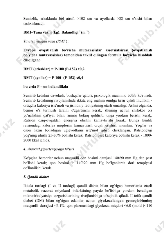 ayollar) = p-100- (p-152) x0,4 bu erda p - sm balandlikda semirib ketishni davolash, boshqalar qatori, psixologik muammo bo'lib ko'rinadi. semirib ketishning rivojlanishida ikkita eng muhim omilga ta'sir qilish mumkin - ortiqcha kaloriya iste'moli va jismoniy faoliyatning etarli emasligi. aslini olganda, bemor o'z turmush tarzini o'zgartirishi kerak, shuning uchun shifokor o'z yo'nalishini qat'iyat bilan, ammo befarq qoldirib, unga yordam berishi kerak. ratsion oziq-ovqatdan energiya olishni kamaytirishi kerak. bunga kunlik ratsiondagi kaloriya miqdorini kamaytirish orqali erishish mumkin. yog'lar va oson hazm bo'ladigan uglevodlarni iste'mol qilish cheklangan. ratsiondagi yog'ning ulushi 25-30% bo'lishi kerak. ratsion past kaloriya bo'lishi kerak - 1800-2000 kkal ichida. 4. arterial gipertenziyaga ta'siri ko'pgina bemorlar uchun maqsadli qon bosimi darajasi 140\90 mm hg dan past bo'lishi kerak; qon bosimi > 140\90 mm hg bo'lganlarda dori terapiyasi qo'llanilishi kerak. 5. qandli diabet ikkala turdagi (i va ii turdagi) qandli diabet bilan og'rigan bemorlarda etarli metabolik nazorat miyokard infarktining paydo bo'lishiga …