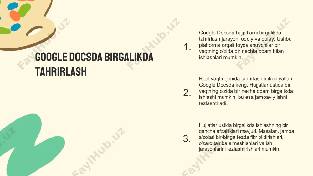 ishlash imkonini beradi va turli dizayn shablonlarini taklif etadi. boshqa vositalar, masalan, microsoft powerpoint, ko'plab foydalanuvchilar uchun tanish bo'lsa-da, google presentationning afzalliklari undan foydalanishning osonligi va bulutda ishlash imkoniyatidir. bundan tashqari, google presentationda taqdimotlarni real vaqt rejimida ko'rish va tahrirlash mumkin, bu esa hamkorlikni yanada osonlashtiradi. hujjatlar va slaydlar ustida birgalikda ishlash, masofaviy jamoalar uchun juda qulaydir. taqdimot yaratishda muhim tavsiyalar. taqdimot yaratishda aniq maqsadni belgilash va auditoriyaga mos materiallarni tayyorlash muhimdir. vizual elementlardan foydalanish taqdimotni yanada qiziqarli qiladi. masalan, diagrammalar va grafiklar ma'lumotlarni tushunishni osonlashtiradi. shuningdek, slaydlarning sonini kamaytirish va har bir slaydda asosiy fikrlarni ta'kidlash tavsiya etiladi. taqdimot davomida auditoriyaga savollar berish orqali ularni jalb qilish ham foydalidir. 1. 2. 3. xulosa google docs, google sheets va google presentation xizmatlari birgalikda ishlashni osonlashtiradi. hujjatlar, ma'lumotlar va taqdimotlar ustida bir vaqtning o'zida ishlash imkoniyatlari bilan hamkorlik kuchayadi. real vaqt rejimida hujjatlarni tahrirlash va ma'lumotlarni tahlil qilishda samarali aloqa va …