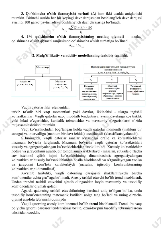 ti – mutlaq qo’shimcha o’sish qiymati zanjirsimon qo’shimcha o’sish surhatiga bo’linadi. i / i1 : ti / i1 2. mulg’ti’likativ va additiv modellarning tarkibiy tuzilishi. vaqtli qatorlar ikki elementdan tarkib to’adi: biri vaqt momentlari yoki davrlar, ikkinchisi - ularga tegishli ko’rsatkichlar. vaqtli qatorlar uzoq muddatli tendentsiya, ayrim davrlarga xos tsiklik yoki lokal o’zgarishlar, kundalik tebranishlar va mavsumiy o’zgarishlarni o’zida mujassamlashtirishi mumkin. vaqt ko’rsatkichidan bog’langan holda vaqtli qatorlar momentli (mahlum bir sanaga) va intervalliga (mahlum bir davr ichida) tasniflanadi (klassifikatsiyalanadi). shuningdek, vaqtli qatorlar sanalar o’rtasidagi oraliq va ko’rsatkichlarni mazmuni bo’yicha farqlanadi. mazmuni bo’yicha vaqtli qatorlar ko’rsatkichlari xususiy va agregatsiyalangan ko’rsatkichlaridan tashkil to’adi. xususiy ko’rsatkichlar hodisa va jarayonlarni ajratib, bir tomonlama xarakterlaydi (masalan, sutkada o’rtacha suv istehmol qilish hajmi ko’rsatkichining dinamikasini): agregatsiyalangan ko’rsatkichlar hususiy ko’rsatkichlardan hosila hisoblanadi va o’rganilayotgan xodisa va jarayonni kom’leks xarakterlaydi (masalan, iqtisodiy konhyunkturaning ko’rsatkichlarini dinamikasi) ko’rinib turibdiki, vaqtli qatorning darajasini shakllantiruvchi barcha kom’onentlar uchta gru’’aga bo’linadi, asosiy tashkil …