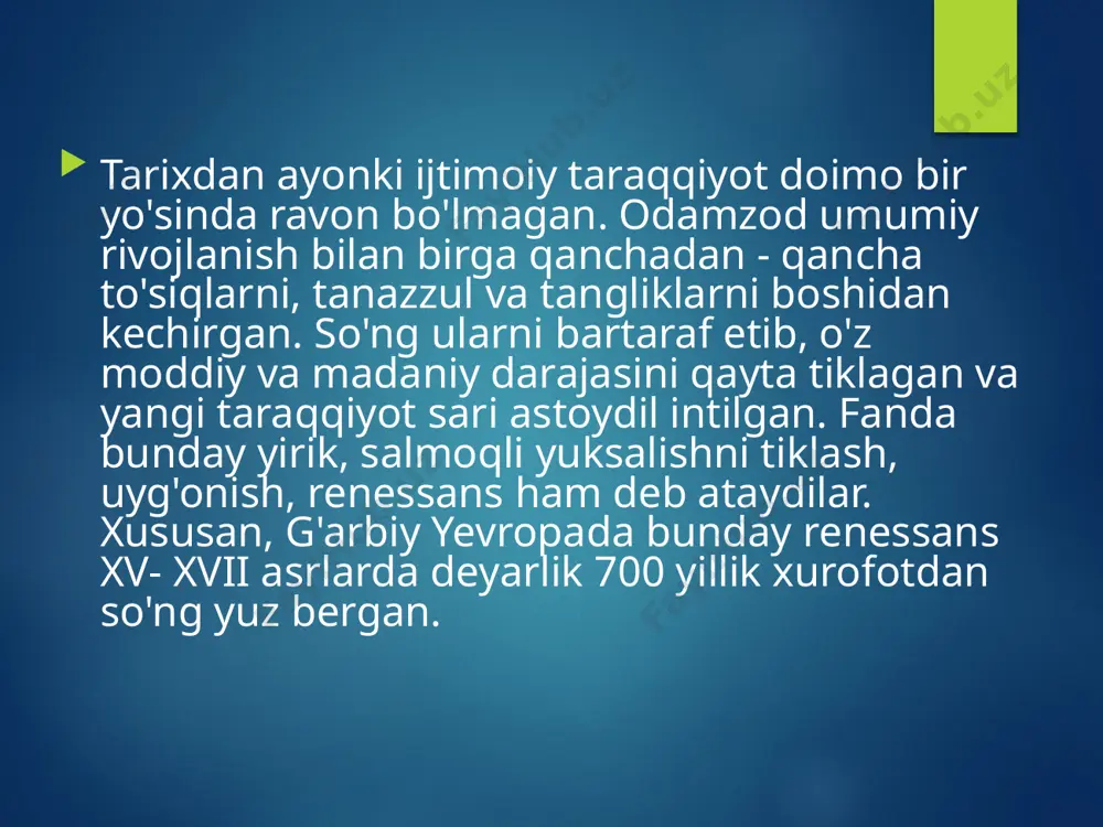 saldi, savdo-sotiq, hunarmandchilik o'sdi, aholi faolligi barqarorlashdi. san'at ayniqsa, devoriy tasvir ravnaqi yangi bosqichga ko'tarilgan edi. xaykaltaroshlik, badiiy yog'och o'ymakorlik, ganchkorlik, taraqqiy etdi. musiqachilar, bastakorlar ko'payib bordi, naychilar, o'yinchi-raqqoslar, surnaychilarning oilaviy chiqishlari bo'lib turar edi. bu davrlarda diniy e'tiqodlar o'zaro murosada bo'lganligi aholining hayotida va mamlakat osoyishtaligida muhim o'rin tutgan. shu bilan birga tabiiy fanlarga, atrof-muhitni anglash, mavjudotni kengroq bilishga intilish kuchayadi. xususan o'sha paytlarda so'g'd taqvimlari tuzilganligi, hozirgi to'rt ko'l hududida esa rasadxona bo'lganligi haqida ma'lumotlar bor. demak, o'rta osiyoda qadimdan sivilizatsiya asoslari, moddiy va ma'naviy madaniyatning chuqur ildizlari mavjud bo'lgan. arablar bosqini natijasida jiddiy putur yetgan o'lkamiz madaniyati yillar o'tib, bir muncha tiklandi va yangi sharoitda ilm-fan rivojlandi, madaniy-ma'rifiy sohalarda jiddiy ijobiy o'zgarishlar yuz berdi. arab xalifaligi ham ix asr boshlariga kelib ilm-fan, ma'rifat ahamiyatini yaxshiroq tushundi. xalifalikning yangi poytaxti bog'dodda 832 yili "boytul-xikma" ("donishmandlar uyi") tashkil etilib, uning ehtiyoji uchun qayta mablag' ajratildi. baytul- xikma qoshida ikkita …