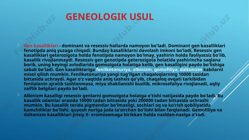 ingdek, irsiy omillar tufayli bo'lgan moddalar almashinuvida buzilishini, aniqlash imkonini beradi. bugungi kunda eng yangi asbob-uskunalar va ilg'or mexanik va avtomatik tizimlar va tez va aniq muvofiq tezligini aniqlash imkonini beradi qurilmalar (analizatorlari) bilan laboratoriya jihozlangan. biokimyoviy usul. odamda uchraydigan juda ko'p patologik holatlar moddalar almashinuvining odatdagicha borishida har xil o'zgarishlar yuzaga kelishiga bog'liq bo'ladi, buni tegishli biokimyoviy usullar bilan aniqlash mumkin. bu usul yordamida qandli diabet kasalligining sabablari o'rganiladi. bu kasallik me'da osti bezining odatdagi faoliyati buzilishiga bog'liq bo'ladi, bu bez qonga insulin gormonini kam ajratadi. natijada qondagi qand miqdori ko'payib, odam organizmidagi moddalar almashinuvida chuqur o'zgarishlar ro'y beradi. genetika tibbiyot uchun katta ahamiyatga ega bo'lib bormoqda. odatdan tashqari o'zgarishlar va kasalliklar genotipga bog'liqdir. odamlar populyatsiyasida 2000 dan ortiq irsiy kasalliklar nasldan-naslga o'tishi aniqlangan. odamdagi irsiy kasalliklar va ularning paydo bo'lish sabablarini hamda davolash usullarini tibbiyot genetikasi o'rganadi. irsiy kasalliklar shartli ravishda ikkiga: gen va xromosoma kasalliklariga ajratiladi. xromosoma …