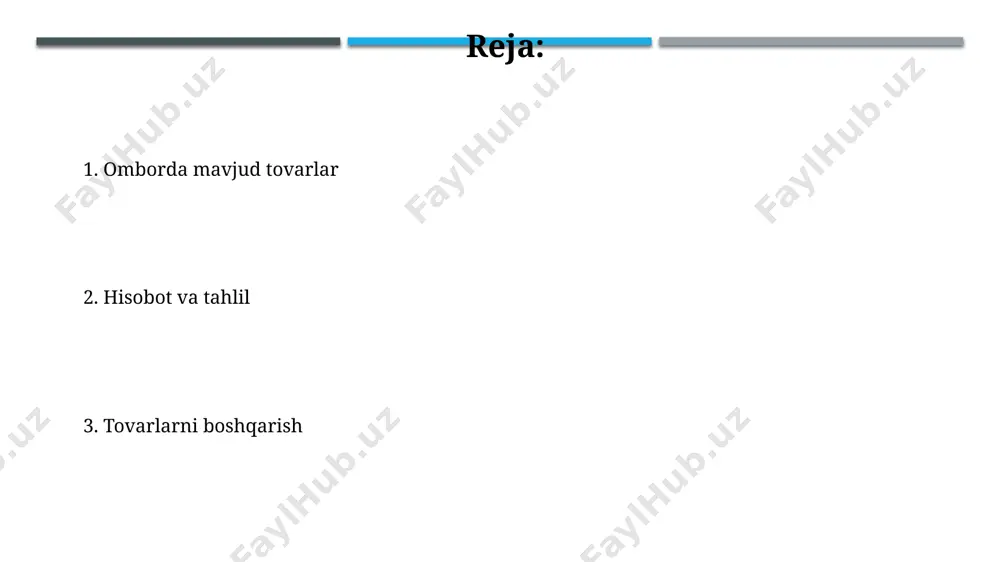 lar yordamida, toshkentdagi omborlarda tovarlarning harakatini kuzatish va 95% aniqlik bilan inventarizatsiya qilish mumkin boʻldi, bu esa xatoliklar sonini sezilarli darajada kamaytiradi. ombor boshqaruvi tizimi омбор бошқаруви тизимидаги маҳсулотларнинг ҳисоби 5000 дан ортиқ товар номини қамраб олиб, тошкент шаҳридаги омборларда жойлашган маҳсулотларнинг ҳаракатини кузатиш имконини беради. ўзбекистон бўйлаб 3 та логистика марказига эга бўлган тизим, омбордаги маҳсулотларнинг ҳажмини автоматик равишда 10% дақиқлик билан аниқлайди ва бу ҳақдаги маълумотни реал вақт режимида тақдим этади. tovarlarni hisobga olish usullari abc таҳлили орқали товарларни муҳимлигига қараб 3 та гуруҳга (a, b, c) ажратиш ва уларга тегишли равишда 70%, 20%, 10% ресурсларни ажратиш андижондаги савдо корхонасида самарали натижа берди. товарларни ҳисобга олишда fifo (first-in, first-out) усули кенг қўлланилади, бунда 2023 йилда тошкентдаги омборда 1000 та маҳсулот биринчи бўлиб киритилган, биринчи бўлиб сотилади. tovarlarning saqlash shartlari 1000 дона қутидаги электроника буюмлари (телевизорлар) самарқанд вилоятидаги махсус омборларда 25°с дан юқори бўлмаган ҳароратда сақланиши керак. андижондаги бозорда …