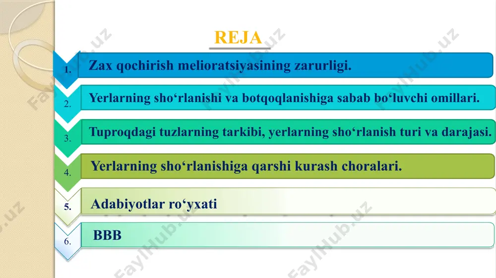 abiiy va irrigatsion – xo‘jalik omillari. tuproqlarning sho‘rlanish sabablari: i. tabiiy omillar: yog‘in (qor va yomg‘ir). geomorfologik sharoitlar gidrologik sharoitlar gidrogeologik sharoitlar ii. sun’iy omil: sug‘orish-xo‘jalik omillari. i. tabiiy omillar: yog‘in (qor va yomg‘ir). yog‘adigan yog‘in miqdorining umumiy bug‘lanish miqdoridan ko‘pligi ( > 1). bu sharoitda tuproqlar ortiqcha namiqadi va botqoqlanadi, ammo sho‘rlanmaydi, chunki kirim suvlari tarkibida suvda eriydigan tuzlar deyarli bo‘lmaydi. geomorfologik sharoitlar – yerning relefi. bu o‘rinda ortiqcha namiqqan, botqoqlangan va sho‘rlangan yerlar bo‘lib, tabiiy zovurlanmagan nishabsiz yerlar xisoblanadi. gidrologik sharoitlar – ma’lum bir maydonlarni yer usti (daryo, ko‘l) suvlari bilan bosishi. bu xolda yer usti suvlari bilan qoplangan maydon ortiqcha namiqadi va botqoqlanadi, agar suv tarkibida tuz miqdori ko‘p bo‘lsa, bu yerlar sho‘rlanishi xam mumkin. gidrogeologik sharoitlar – sizot suvlarining yer ostidagi xarakati. sho‘rning sirtga tepishi sho‘rning sirtga tepishi sizot suvlarining yer osti xarakati natijasida xam yerlarning sho‘rlanishi namoyon bo‘ladi. tabiiy omillarga, yuqoridagi omillardan tashqari, tuproqning mexanik …