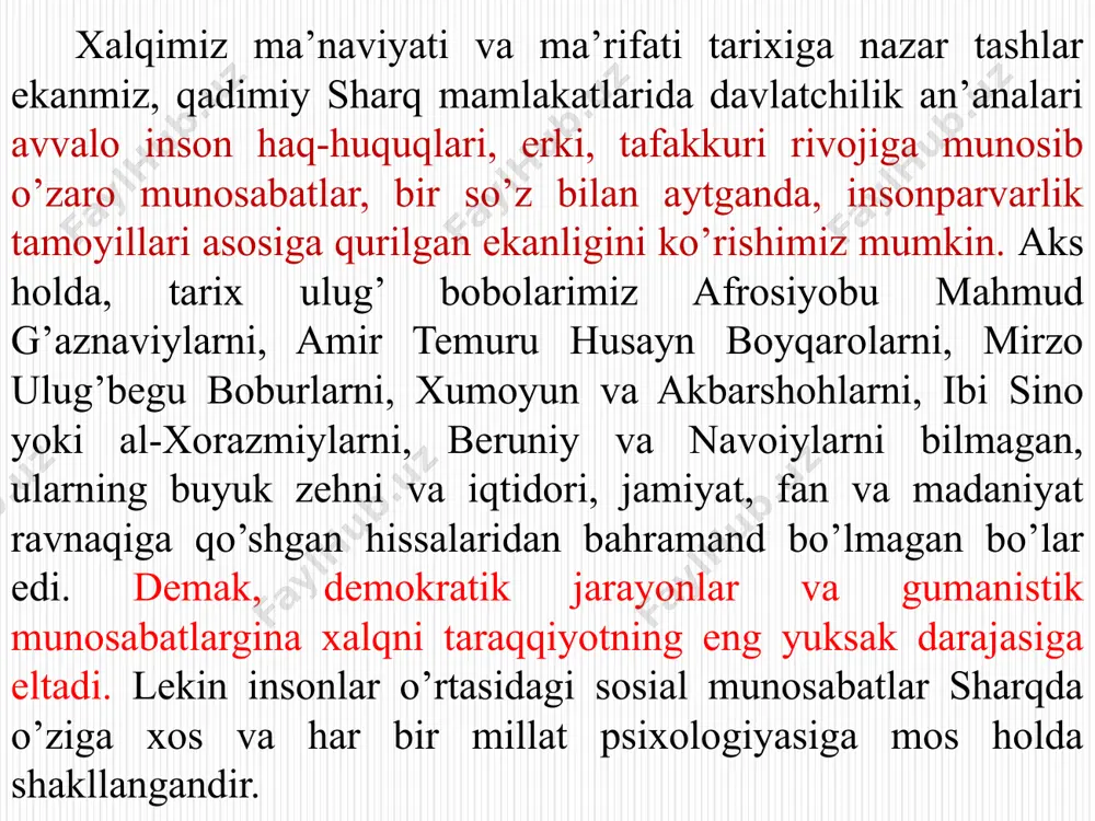 oblanadi. 1) inson o’zini, o’z kamoloti va hayotiga asos bo’ladigan narsalarni sevadi; 2) o’ziga yaxshilik qilgan, yordam berganlarni sevadi; abuhomid g’azzoliy fikricha, barcha insonlarga xos bo’lgan sifatlar borki, ularning mazmuni quyidagi omillar orqali tushuntiriladi: 3) umuman hammaga yaxshilik qiladigan sahovatli odamlarni sevadi, jumladan, adolatli shohlar ham sevimli; 4) shuningdek, barcha go’zal narsalar, nafosat olami, xushbo’y, xushsurat narsalarni ham sevadi; 5) maslak va mazhab yuzasidan ham odamlar bir-birlarini yaxshi ko’radilar, bularning barchasi, oxir-oqibat insonlarning ruhiy-ma’naviy qarindoshligiga asos bo’ladi. ko’rib turganimizdek, tasavvuf ilmida ham jamiyatdagi mo’tadil insoniy munosabatlar bilan individuallik o’rtasida tafovut yo’q. zero, jamiyatning tub mohiyatini anglab yetish, avvalo o’zini-o’zi anglash va shu orqali sosial munosabatlar mazmunini to’g’riroq tushunishga olib keladigan mantiqiy yo’ldir. yuqoridagi fikrlardan kelib chiqqan holda yoshlar tarbiyasida ularni yangicha sosial munosabatlarga o’rgatishning ayrim jihatlari haqida fikr yuritamiz. birinchidan, sosial munosabatlar yoshlar tarbiyasining barcha bosqichlari va jabhalarida e’tiborga molik obyekt sifatida qaralmog’i lozim. ya’ni oilaviy munosabatlardan tortib, to mehnat …