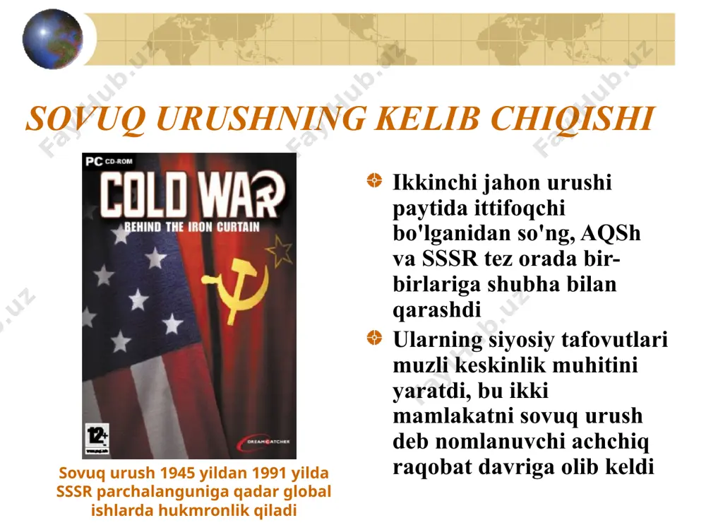 aning iqtisodiy tiklanishiga yordam berdi marshall rejasi g'arbiy evropaning iqtisodiy tiklanishiga yordam berdi marshall yordam multfilmi, 1947 super kuchlar germaniya uchun kurashmoqda urush oxirida germaniya ishg'ol qilish maqsadida ittifoqchilar o'rtasida to'rtta zonaga bo'lindi. aqsh, frantsiya va buyuk britaniya o'zlarining 3 zonasini bitta zonaga – g'arbiy germaniya yoki germaniya federativ respublikasiga birlashtirishga qaror qilishdi. aqsh sharqiy germaniyani yoki germaniya demokratik respublikasini boshqargan endi super kuchlar bir – birining yonida joylashgan hududni egallab olishdi-muammolar yuzaga kelishi kerak edi berlin airlift – 1948 1948 yilda sovetlar uchta g'arbiy davlatning berlinga kirishiga to'sqinlik qilmoqchi bo'lganlarida, g'arbiy berlinning 2,1 million aholisi besh hafta davomida etarli oziq-ovqatga ega edilar, natijada og'ir vaziyat yuzaga keldi butun germaniya singari berlin shahri ham to'rt zonaga bo'lingan amerika va britaniya g'arbiy berlinga havo kemalarini etkazib berish sovetlarga bostirib kirishni va urush boshlashni istamay, amerika va buyuk britaniya berlin aviatsiyasini g'arbiy berlinga etkazib berish uchun boshladilar 327 kun davomida samolyotlar bir …