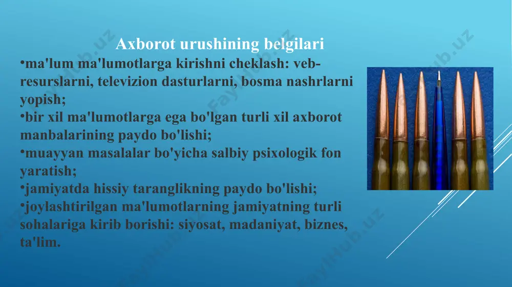 i. mavzuni mustahkamlash uchun savollar: 1.axborot xuruji nima ? 2.axborot urushining maqsadi nima? 3.axborot urushining belgilari? 4.internetning buzg‘unchilar makoniga aylanishining asosiy sababi nima? image1.jpeg /docprops/thumbnail.jpeg