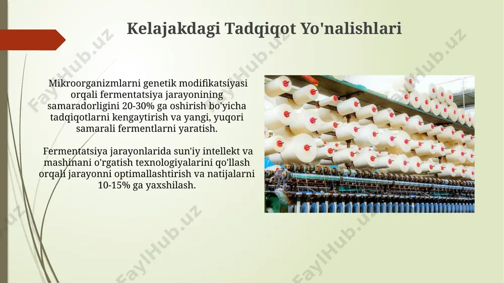 larni keltirib chiqarishi mumkin, shuning uchun himoya vositalaridan foydalanish juda muhim. biofermentatsiya mahsulotlarida 5-10 ppm dan yuqori konsentratsiyada bo'lishi mumkin bo'lgan ayrim toksinlarning mavjudligi muntazam monitoring va xavfsizlik protseduralarini o'z ichiga oladi. iqtisodiy samaradorlik mikrobiologik fermentatsiya paxta tozalash jarayonlarida suv sarfini 30% gacha kamaytirishi va shu bilan birga chiqindi suvning ifloslanish darajasini sezilarli darajada pasaytirishi mumkin, bu esa iqtisodiy jihatdan foydali hisoblanadi. fermentativ usullar yordamida olingan ekologik toza bo'yoqlar sintetik bo'yoqlarga nisbatan 15-20% arzonroq bo'lishi va shu bilan birga ishlab chiqarish xarajatlarini qisqartirishga yordam berishi mumkin. e'tiboringiz uchun rahmat @taqdimot_robot image1.jpg image2.jpg image3.jpg image4.jpg image5.jpg image6.jpg image7.jpg image8.jpg image9.jpg image10.jpg image11.jpg image12.jpg image13.jpg image14.jpg image15.jpg