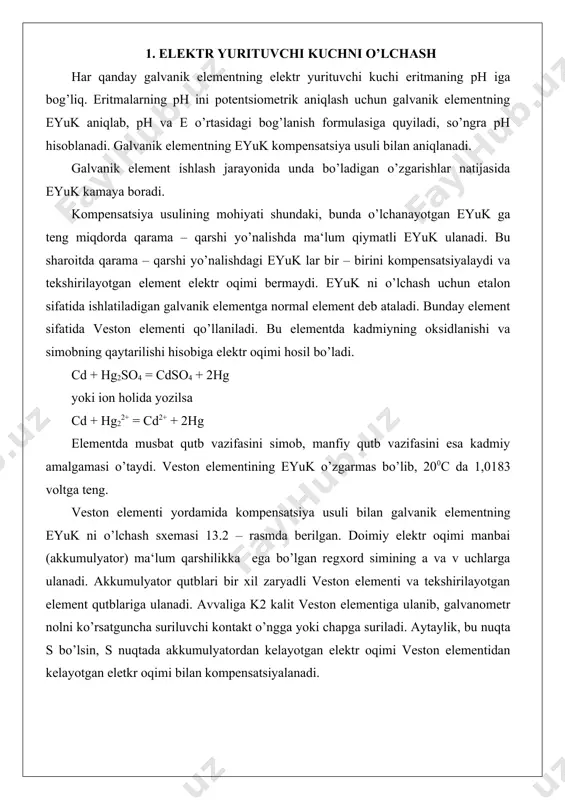 tsiya usuli bilan eyuk ni o’lchash sxemasi: akk – akkumulyator, be – veston elementi, te – tekshirilayotgan galvanik element, ck – rexordning suriluvchi kontakti, k1, k2, k3 – kalitlar. so’ngra к2 kalitlar sinaladigan element qutbiga ulanadi va yuqoridagi kabi uning ham kompensatsiyalanish nuqtasi d aniqlanadi. u vaqtda: bundan (13.i) bu yerda ех, ев – tegishlicha tekshirilayotgan va veston elementining elektr yurituvchi kuchi; ac ad – veston va tekshirilayotgan elementlarning kompensatsiyalanish vaqtida reoxord simining qismlari. shunday qilib, (14.1.) formula yordamida har qanday galvanik elementning elektr yurituvchi kuchini o’lchash mumkin. 2. elektr o’tkazuvchanlikning amaliy ahamiyati eritmamalarning elektr o’tkazuvchanligini o’rganish amaliy jihatdan ham katta ahamiyatga egadir. masalan, oz eriydigan tuzlarning eruvchanligini aniqlash, tuzlarning gidrolizlanish darajasini hisoblash kabi amallar eritmaning elektr o’tkazuvchanligini o’lchash orqali amalga oshiriladi. ishlab chiqarish jarayonlarida qo’llaniladigan xomashyo, tayyor mahsulotlar, kislota yoki ishqorlarni sinab ko’rish lozim bo’ladi. bunday hollarda ba‘zan eritma loyqa bo’lganidan kimyoviy titrlash usullari foyda bermaydi, chunki indikator tiniq …