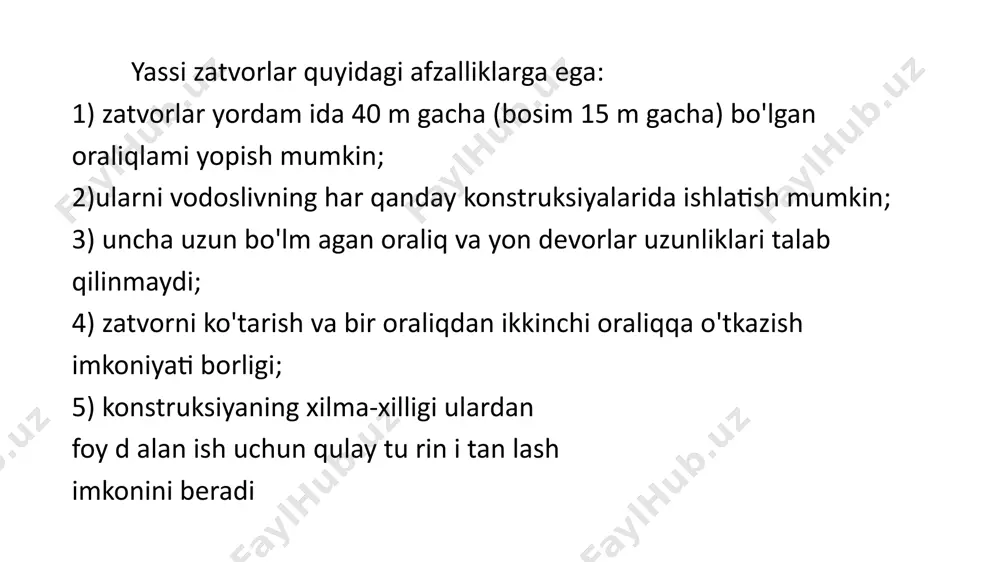 qo'yiladi; 1) zich yopiladigan; 2) chidamli; 3) yemirilmaydigan; 4) zatvor harakatlanganda katta qarshilik ko'rsatmaydigan; 5) ta ’mirlash ishlarini olib borish uchun qulay bo'lishligi; 6) suv oqimi o'tishi ta ’siridagi tebranishlarga ustuvor boiishi. yuza joylashgan zatvorlarda ikki turdagi zichlagichlar ishlatiladi: tubdagi-gorizontal va yon tomondagi - vertikal. tubdagi zichlagichlar suyrisimon shaklida yog'och brusdan yasaladi (6.16d-rasm). flyutbet ostonasiga shveller ko'rinishidagi quyilma qism joylashtiriladi. y og'och brus tez yemirilishi va vakuum hosil bo'lish imkoniyati bo'lganligi sababli plastinka ko'rinishida (6.16a-rasm) yoki ostonadagi quyilma qismga joylashtirilgan yemirilishga chidamli yumshoq metallga tayanadigan quyma po'lat shaklidagi zichlagichlar qo'llaniladi (6.16b-rasm). oxirgi paytlarda yemirilishga chidamli va sovuqqa chidamli tasmali rezinali (6.16d-rasm ) yoki zatv orp astki qirrasiga boltlar bilan mahkamlangan maxsus profilli (qattiq tasmali rezina) zichlagichlar ishlatiladi (6.16e-rasm). yon tomondagi zichlagichlar suvning gidrostatik bosimi ta ’sirida ishlaydi va qoplama oldidan zatvorning quyilma qismlar bilan siqilgan zonalarid ajoylash tiriladi. k o 'p h ollarda zatv o r oxirgi qirrasiga mahkamlangan va …