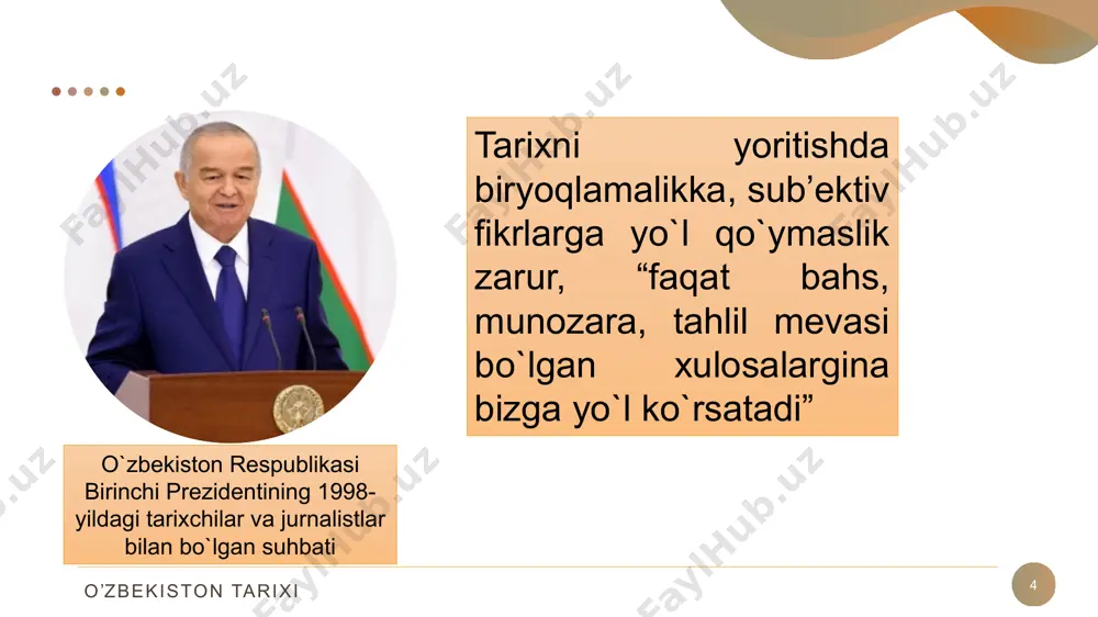 hni va dunyo xalqlari bilan hamjihatlikda, tinch totuv yashashini ta’minlash. o’zbekiston tarixi 16 “o‘zbekistonning eng yangi tarixi” fanining uslubiy tamoyillari” tarixiylik tamoyili xolislik tamoyili manbalar bilan asoslanganlik tamoyili “o‘zbekiston tarixining mintaqa va jahon tarixi bilan bog‘liqligi tamoyili o’zbekiston tarixi reja: 17 3. o’zbekiston respublikasi prezidenti shavkat mirziyoyevning ma’naviy yetuk shaxsni tarbiyalashda tarixiy xotiraning o’rni va saboqlari to’g’risidagi fikrlari. o’zbekiston tarixi o‘zbekistonning eng yangi tarixi 18 prezident shavkat mirziyoev ma’naviy etuk shaxsni tarbiyalashda tarixiy xotiraning o‘rni va saboqlari to‘g‘risida fikr bildirib, mustaqillik yillarida haqqoniy tariximizni o‘rganish borasida ko‘plab ilmiy va nazariy xulosalarni berib kelmoqda. bu borada o‘z fikr mulohazalarini bildirgan prezidentimiz quyidagilarni qayd etadi: ”afsuski, yurtimiz tarixini o‘rganishda o‘tgan davrlarda arxeologik tadqiqotlar etarli darajada olib borilmadi. shuning uchun fanlar akademiyasining arxeologiya va san’atshunoslik institutlari faoliyatini, oliy o‘quv yurtlari va muzeylardagi arxeologik izlanishlarni chet ellik hamkorlar bilan birga tashkil etish zarur”. o’zbekiston tarixi o‘zbekistonning eng yangi tarixi 19 tarix fani va unga …