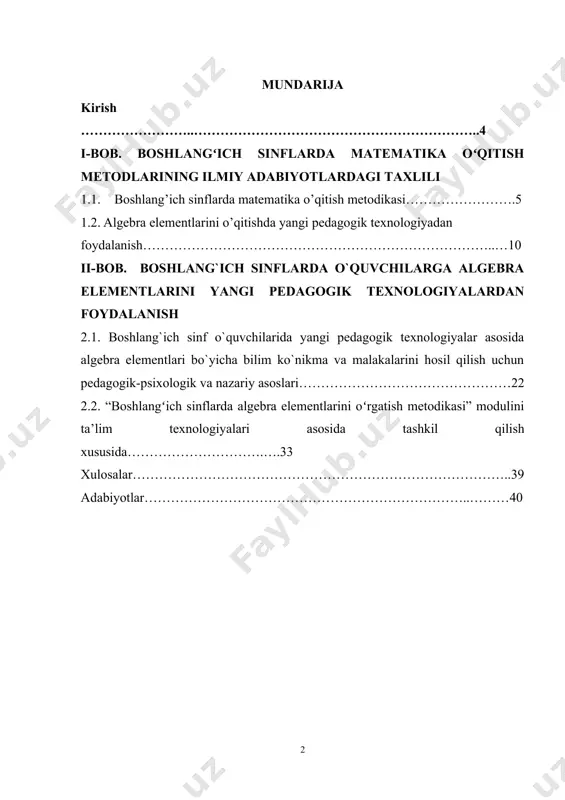 ngan. kurs ishining vazifalari: bu kurs ishining asosiy vazifalari quyidagilar o'qituvchilarni noan'anaviy o'qitish usullari bilan tanishtirish va ularni o'rganishda o'zlashtirish. o'quvchilarga noan'anaviy o'qitish usullari yordamida ma'lumotlarni o'rganishni mustaqil ravishda o'rgatish. o'quvchilarni faol qatnashish va o'rganishga qiziqtirish uchun noan'anaviy darslar tashkil etish. qo'shimcha vositalar, o'yinlar va interaktiv darsliklar orqali o'quvchilarni motivatsiyalash. o'quvchilarni savol-javob usuli bilan ilg'orlash va fikr bildirishga rag'batlantirish. o'quvchilarning o'rganish jarayonlari va ta'lim muhitiga oid fikrlarini e'tirof etish va ularni qollab-quvvatlash. kurs ishinging predmeti: bu kurs ishining predmeti, ona tili darslarini noan'anaviy usullar bilan o'qitish va o'rganishda boshqa turdagi darslar bilan solishtirish va ularni o'zlashtirishni maqsad qiladi. kurs ishi, ona tili darslarini yanada sodda, qiziqarli va samarali qilish, o'quvchilarni noan'anaviy usullar orqali o'rganishga qiziqtirish va ilg'orlash, shuningdek, o'qituvchilarni yangi texnologiyalardan foydalanish va o'rganish usullarini qo'llab-quvvatlashda tayyorlashni maqsad qiladi. kurs ishining obekti: ona tili darslarida noan’anaviy usullardan foydalanish kirish matematika, bilimlarning eng asosiy va muhim tarmoqlaridan biri bo'lib, uning o'rgatish …