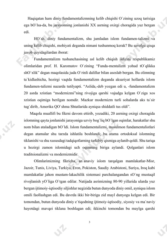 unis, liviya, turkiya, eron, pokiston, saudiy arabistoni, suriya, iroq kabi mamlakatlar jahon mustam-lakachilik sistemasi parchalangandan so`ng mustaqil rivojlanish yo`liga o`tgan edilar. natijada asrimizning 80-90 yillarida ularda yuz bergan ijtimoiy-iqtisodiy siljishlar negizida butun dunyoda diniy omil, ayniqsa islom omili faollashgan edi. bu davrda ikki bir-biriga zid mayl dunyoga kelgan edi. bir tomondan, butun dunyoda diniy e`tiqodning ijtimoiy-iqtisodiy, siyosiy va ma`naviy hayotdagi mavqei tiklana boshlagan edi; ikkinchi tomondan bu maylga qarshi mafkuralarga moyillik shakllangan edi: bu ikki mayl orasida ziddiyatlar yuzaga kelgan edi. mazkur ijtimoiy-iqtisodiy, siyosiy va ma`naviy ziddiyatlar asosida “islom omili”, “islom uyg`onishi”, “islom fenomeni”, islom fundamentalizmi degan atamalar, “islomlashtirish”, “siyosiylashti-rilgan islom” kabi tushunchalar va ular bayrog`i ostida turli oqimlar paydo bo`ldi. bular qatoriga “musulmon birodarlari”, “xizbullox”, “vahobiylik” “hezbi islomiya” kabi o`nlab tashkilot, partiya, uyushmalar kirardi. bular ekstremistik, terroristik xususiyat kasb etgan edi. vahhobiylar fundamentalizmda, binobarin, aqidaparastlikda ibn hanbal ta`limotidan ham so`llashib, maqsad va ta`limotlari o`tmagan hududlarda kuch, hatto qilich ishlatishga …
