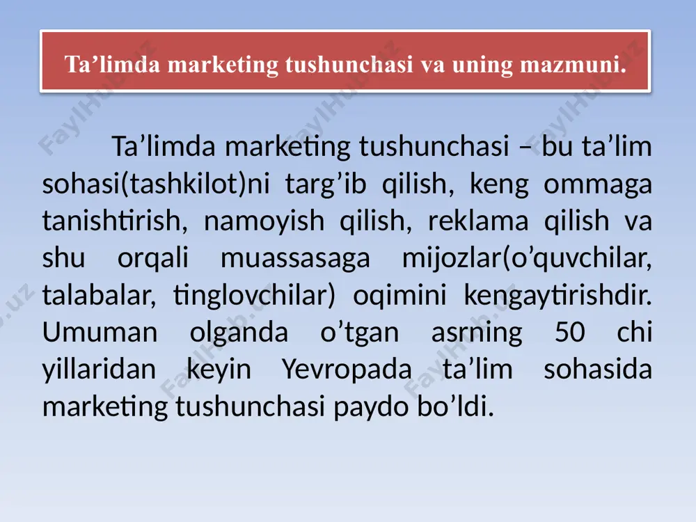 i davomiyligini ta`minlash jarayonidir ta’limda marketing subyektlari. marketingning asosiy sub’ektlari ishlab chiqaruvchi t.lar iste’molchi tashkilotlar marketing bo’yicha mutaxssislar vazirliklar xizmat ko’rsatuvchi t.lar pirovard iste’molchi (otm lar) e’tiboringiz uchun raxmat! image4.jpeg image5.png image6.jpeg image7.jpeg image8.jpeg image9.jpeg image10.jpeg image11.jpeg image12.png image13.jpeg image14.jpeg image15.jpeg image16.jpeg image1.jpeg image2.jpeg image3.jpeg