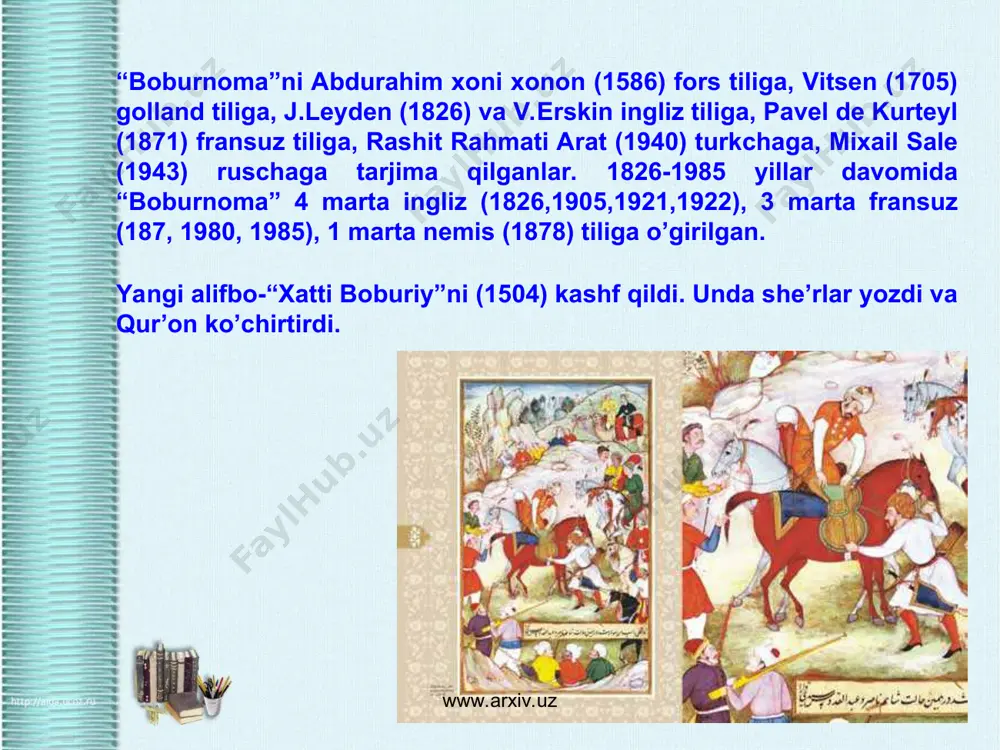a tag`oyining tazarrusini yetkazadi. tag`oyi agar bobur uning gunohidan o`tsa, o`zi egallab turgan marg`ilonni topshirishini ma`lum qiladi. shu tariqa ikki yil davom etgan sargardonlikdan so`ng, bobur yana o`z ota shahriga qaytadi. 1500-yilda oysha sultonbegim xo`jandga keladi. bobur uni o`z nikohiga oladi. aynan shu davrlardan boshlab u she`rlar mashq qila boshlaydi. uning ilk she`rlari forsiyda yozilgan edi. bobur yana hokimiyat uchun kurashlarga sho`ng`ib ketadi. samarqandni egallaydi. shayboniyxon yurishidan xabar topgan bobur kuch to`plash uchun shahrisabzga ketadi. bu orada shayboniyxon samarqandni egallaydi. www.arxiv.uz www.arxiv.uz samarqand qo`ldan ketgach bobur 240 nafar yigiti bilan kesh-hisor oralig`ida sarson bo`lib yuradi. kech kuz kunlarida bobur yana samarqandga kirishga harakat qiladi. u 70-80 nafar yigiti bilan tunda "feruza" darvozasini ishg`ol qiladi. tongda esa ikki da`vogar "ohanin" darvozasi yonida to`qnashadi. vaziyat bobur foydasiga hal bo`layotganini ko`rgan shayboniyxon samarqandni tashlab chiqib ketadi. www.arxiv.uz www.arxiv.uz samarqand qo`ldan ketgach bobur 240 nafar yigiti bilan kesh-hisor oralig`ida sarson bo`lib yuradi. kech kuz …