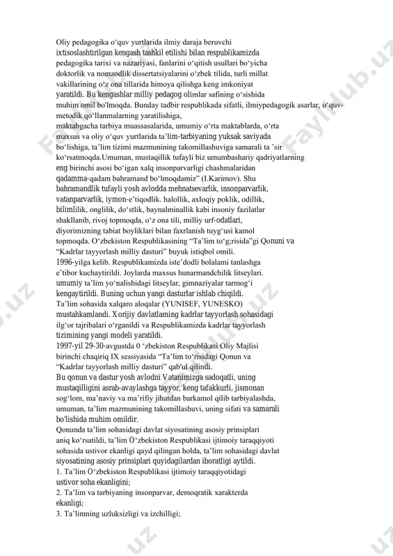 an hamkorlikda “0 ‘rta osiyoda pedagogik fikr taraqqiyotidan lavhalar” nomli qo4ianma va “pedagogika tarixi” darsligini yaratdilar. endilikda o‘quvchi va talabalar rusiya va g'arbiy yevropa pedagogika tarixidan iborat bo‘lgan “pedagogika tarixi”ni emas, balki markaziy osiyo ulug‘ mutafakkirlarining pedagogik qarashlari va nazariyalari tadqiq etilgan yangi darslik bo'yicha yangicha pedagogik bilimni egallaydilar. o czbekiston respublikasi vazirlar mahkamasi huzurida oliy attestatsiya komissiyasining tashkil etilishi mustaqillikning muhim timsolidir. bu oliy attestatsiya komissiyasi o‘z zimmasiga yuklangan ulkan vazifalami, ya’ni “yuqori malakali ilmiy va ilmiy-pedagogik xodimlar tayyorlash yangi tizimini shakllantirish, ulami respublika ijtimoiy-iqtisodiy, siyosiy va ma’naviy taraqqiyotining ustivor muammolarini hal qilishga yo‘naltirish, ilmiy tadqiqotlar va ishlanmalarni davlat yo‘li bilan ekspertiza qilishni ta’minlash bilan yetuk ilmiy-pedagogik kadrlar yetishtirishga samarali ta’sir ko'rsatmoqda. oliy pedagogika o‘quv yurtlarida ilmiy daraja beruvchi ixtisoslashtirilgan kengash tashkil etilishi bilan respublikamizda pedagogika tarixi va nazariyasi, fanlarini o‘qitish usullari bo‘yicha doktorlik va nomzodlik dissertatsiyalarini o‘zbek tilida, turli millat vakillarining o‘z ona tillarida himoya qilishga keng imkoniyat …