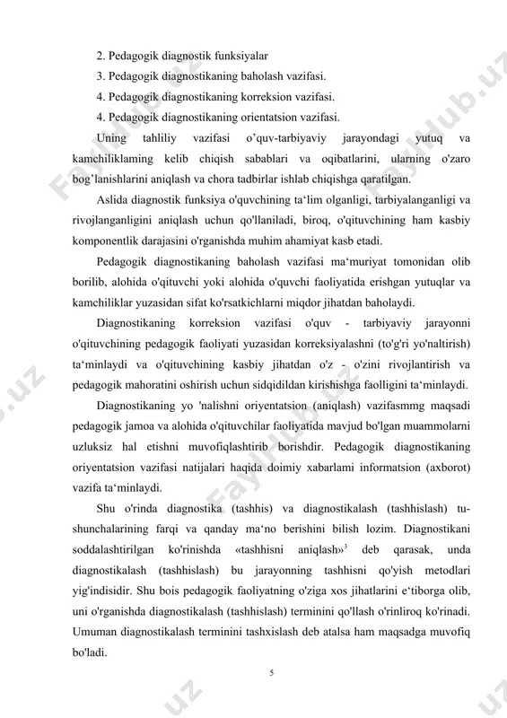 liy - pedagogik shart - sharoitlar bilan bog'liq holda shakllanadi. pedagogik tashhislashning yaxlitligi 5 uning nafaqat o'qituvchi pedagogik faoliyatini o'rganishning diagnostik jihatlarini, balki aniqlangan sabab va oqibatlaming bir—biri bilan o’zaro bog'lanishi asosida har bir o'qituvchining pedagogik qiyinchiliklami bartaraf etishning optimal yo'llari va vositalarini topish imkoniyatini beradigan konstruktiv - prog- nostik nuqtai nazardan ta‘minlaydi, o'qituvchi pedagogik mahoratining rivojlanish istiqbollarini belgilab, uning faoliyat yuritish dinamikasini kuzatish orqali tanlangan mehnat shakllari samaradorligini baholash imkoniyatini beradi. o'qituvchi pedagogik faoliyatini tashhislashning turli aspektlarini o'rganishga bag'ishlangan ilmiy tadqiqot ishlarining soni ko'p. ayni paytda o'qituvchilar uchun eng zarur hislatlami aniqlab olish imkoniyatini beradigan, o'qituvchilik kasbining professiogrammasi (ta‘ lum tizimga keltirilgan, mehnatni psixologik tomondan o‘rganib, kelgusi amaliy faoliyatda foydalanishga qaratilgan, kasbni har tomonlama batafsil yoritib beruvchi yo'rtalish) psixolog olimlar (r.z.gaynutdinov, m.g.davletshin, s.jalilova, a.jabborov) tomonidan ishlab chiqilib amalda qo'llanilmoqda. olimlar o'qituvchi professiogrammasi, muayyan fan tomonidan o'qituvchiga qo'yiladigan maxsus talablarni o'z ichiga qamrab olishini, o'qituvchi o'zi tanlagan fan yuzasidan qanday …
