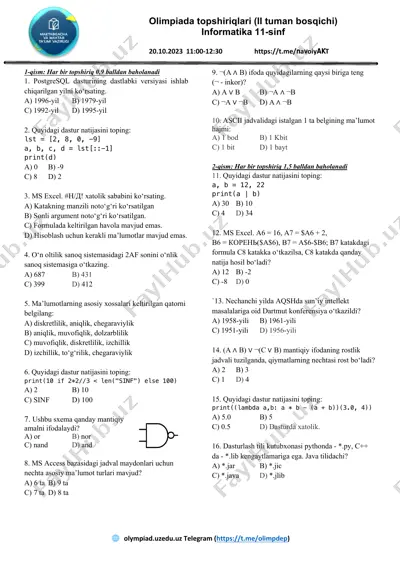 olimpiad dasturiy ishlar bo'yicha savollar — PDF