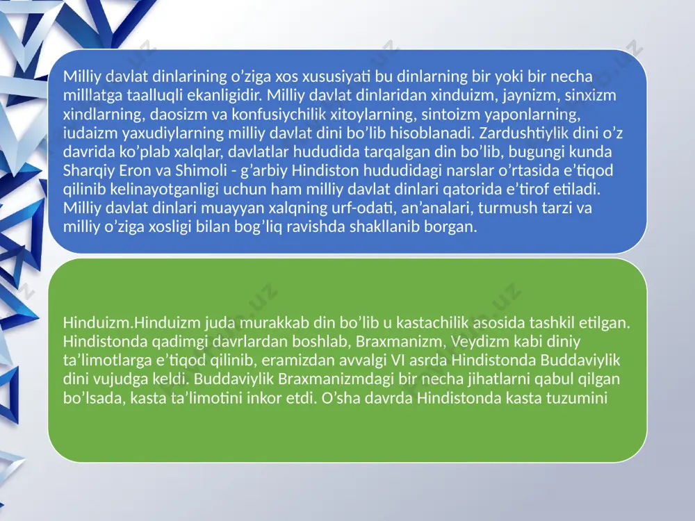 r) va smartlar ( smriti- haqqoniy rivoyat) oqimlari e’tirof etilgan. tridandinalarning markazi varanasi bo’lib, unda tarkidunyochilikda hayot kechiradilar. . smartlarning bir qismi rohiblikda, yana bir qismi- dunyoviylik holatida yashaydilar. ushbu oqimlarning har ikkalasi ham faqat braxmanlarni o’z saflariga qabul qiladi. dandilar, ya’ni zohidlar diniy oqimga kirayotgan paytda oyoqlarining pastki qismidan qon chiqaradilar.dandilar o’lganlarni yerga dafn qiladilar yoki muqaddas daryolardan biriga topshiradilar.shivaizmda lingachilar degan oqim ham mavjud bo’lib, ular bo’yinlariga linga osib yuradilar, ibodat paytida esa uni chap qo’llarida tutib turadilar. shivaizmdagi shaktra yoki shakta oqimida hayvon yoki odamlarni qurbon qilish an’anasi mavjud.yoglar esa shivaizmdagi tarkidunyochilik yo’nalishi bo’lib, ular uzoq vaqt nafas olmay o’zlaridan ketadilar, bu vaqtda ular shiva bilan yolg’iz qoladilar.yoglar jismoniy mashqlar yordamida o’z ruhlarini poklab hattoki o’z tanalaridagi a’zolarini boshqarish imkoniyatiga ega bo’ladilar.yogo’z yurak urishini tezlashtirishi yoki sekinlashtirishi, odamlar oldida havoga ko’tarilishi mumkin.hindiston xalqi orasida shivaning 1008 ta nomi bor. vishnu hindistondagi xudolar panteonida birinchilik uchun kurashayotgan ikkinchi …