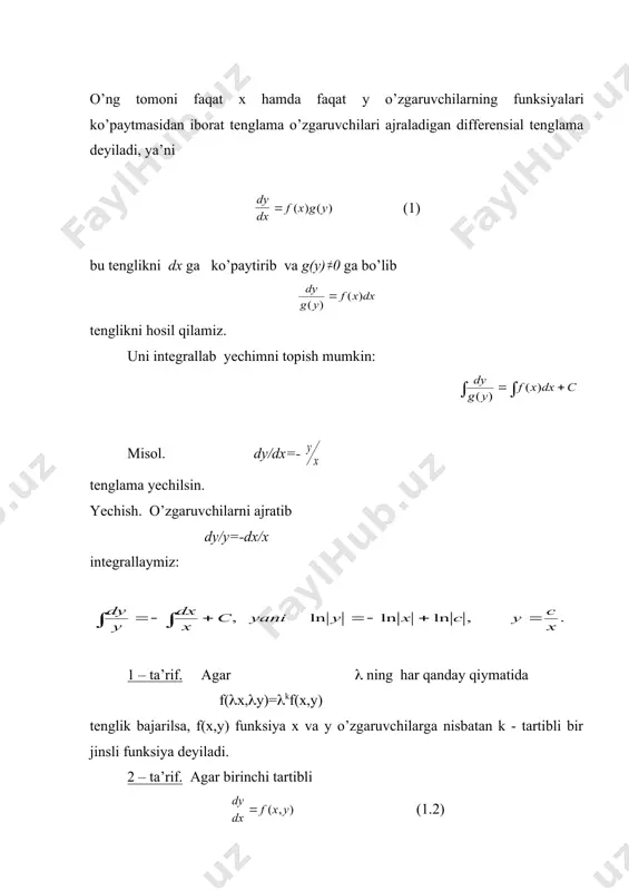 a ko’paytirib va g(y) 0 ga bo’lib tenglikni hosil qilamiz. uni integrallab yechimni topish mumkin: embed equation.3 misol. dy/dx=- tenglama yechilsin. yechish. o’zgaruvchilarni ajratib dy/y=-dx/x integrallaymiz: 1 – ta’rif. agar ( ning har qanday qiymatida f((x,(y)=(​​kf(x,y) tenglik bajarilsa, f(x,y) funksiya x va y o’zgaruvchilarga nisbatan k - tartibli bir jinsli funksiya deyiladi. 2 – ta’rif. agar birinchi tartibli (1.2) differensial tenglamaning o’ng tomoni - f(x,y) 0-tartibli bir jinsli funksiya bo’lsa, u holda (1.2) tenglama bir jinsli tenglama deyiladi. f(x,y) nolinchi tartibli bir jinsli bo’lsa, u holda ixtiyoriy ( uchun f((x,(y)=f(x,y) bo’ladi. xususan, u holda (1.2) tenglama (2) bu tenglamani yechish uchun y/x=u deb olamiz. u holda y=ux, y’=u’x+u. bularni (2) ga qo’yib o’zgaruvchilari ajraladigan tenglamaga kelamiz. integrallagandan so’ng u ni o’rniga u/x ni qo’ysak, (2) tenglamaning umumiy integrali hosil bo’ladi. misol. - 0-tartibli bir jinsli funksiya. tenglamani quyidagicha yozib olamiz: uzgaruvchilari ajraladigan differentsial tenglamani hosil qilamiz. natijada 3–ta’rif. birinchi tartibli …