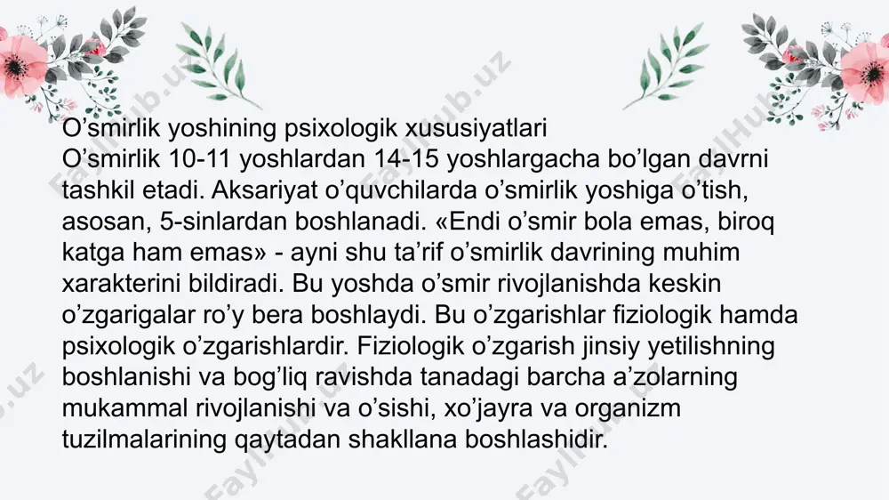 tiyoj sezadi, lekin buni hech qachon birinchi bo’lib o’zi boshlamaydi. o’smir o’ziga nisbatan yosh bolalardek qilinadigan muomala-munosabatiga qattiq norozilik bildiradi. o’smirlar mo’loqoti nihoyatda o’zgaruvchanligi bilan xarakterlanadi. o’smirlik davriga kimningdir xatti-harakatini imitatsiya qilish xosdir. ko’pincha ular o’zlariga tanish va yoqadigan kattalarning xatti-harakatlariga imitatsiya, taqlidchanlik qiladilar. image1.png