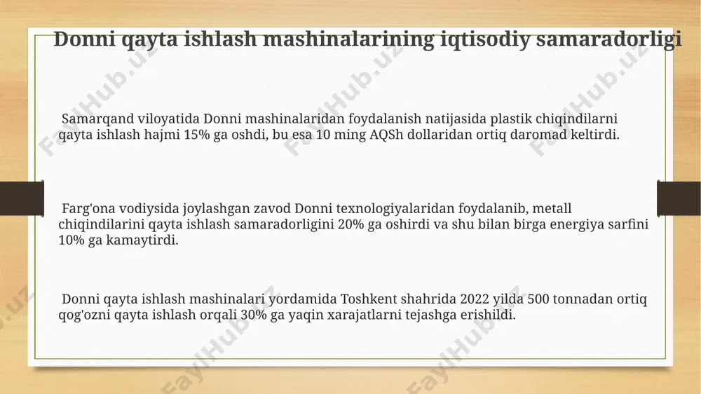 otlar ishlab chiqarishda 20% gacha arzonroq xom ashyo sifatida ishlatiladi. donni qayta ishlash jarayonida, toshkent shahridagi zavodda yiliga o'rtacha 5000 tonnadan ortiq plastik va metall chiqindilari qayta ishlanadi, bu esa atrof-muhitni ifloslanishdan himoya qilishga yordam beradi. donni texnologiyasi 95% gacha bo'lgan qayta ishlash samaradorligini ta'minlaydi va bu jarayon 3 bosqichdan iborat bo'lib, har bir bosqichida maxsus filtrlar va 10 dan ortiq turdagi uskunalar qo'llaniladi. e'tiboringiz uchun rahmat @taqdimot_robot image3.png image4.png