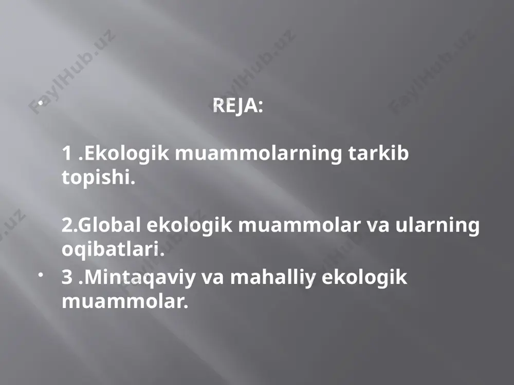 ylovlarning ishdan chiqishi, o'rmonlarda daraxtlarning kesilishi. belgilangan miqdordan oshib ketishi va boshqalar hisoblanadi. markaziy osiyodagi mintaqaviy ekologik muammolardan eng muhimi orol va orol bo'yi ekologik muammosidir. orol dengizi yaqin vaqtlargacha eng yirik dengizlardan biri hisoblangan. u muhim baliqchilik, ovchilik, transport va rekreatsion ahamiatga ega edi. sug'oriladigan dehqonchilikning rivojlanishi natijasida amudaryo va sirdaryoning suv quyishi 1970 yilga kelib 37,8 km3, 1980 yilda esa 11,1 km3 gacha kamayib ketdi. suvning sho'rlanish darajasi litriga 9-10 g dan 34-37 g/litr gacha ortdi. hozirgi kunda dengiz satxining yillik o'rtacha pasayishi 80-110 sm (oldin 53 sm bo’lgan 33 metr ga tushsa orol 2 ga bo'linib qoladi, hech bo'lmaganda 33,5 metr balandlikda saqlab qolish kerak). e`tiboringiz uchun rahmat image2.jpeg image3.jpeg image4.jpeg image5.jpeg image6.jpeg image7.jpeg image8.jpeg image9.jpeg