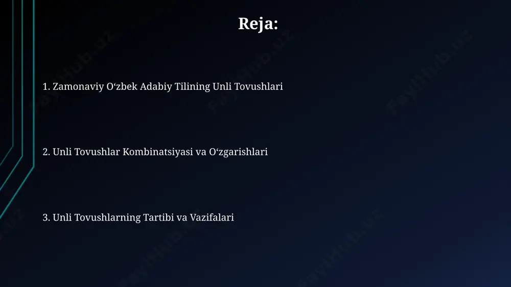 larga ega boʻlib, bu mahalliy lahjalarning taʼsiridan dalolat beradi. urgʻu oʻzgarishi baʼzi unli tovushlarning uzunligi yoki qisqaligiga, xususan, 5 ta unli tovushlarning (a, o, u, e, i) talaffuziga taʼsir koʻrsatishi mumkin, bu esa soʻzning maʼnosini oʻzgartirishi mumkin. zamonaviy oʻzbek adabiy tilida unli tovushlarning fonetik tahlili oʻzbek tilida unli tovushlarning uzunligi va qisqaligi, shuningdek, talaffuzdagi regional farqlar (masalan, samarqand va xorazm shevalarida) tovushning fonetik tahlilida muhim rol oʻynaydi. taxminan 10 ga yaqin unli tovush variantlari, fonetik transkripsiya yordamida, oʻzbek adabiy tilining turli sohalarida, jumladan, sheʼriyatda aniqlangan va ularning aks ettirish usullari o'rganilgan. zamonaviy oʻzbek adabiy tilida 5 ta unli tovush (a, o, u, i, e) mavjud boʻlib, ularning fonetik xususiyatlari toshkent shahridagi tilshunoslar tomonidan 2020-yilda oʻtkazilgan tadqiqotlarda batafsil oʻrganilgan. unli tovushlarning uzunligi va qisqaligi 19-asr oxiri va 20-asr boshlarida toshkentda oʻtkazilgan fonetik tadqiqotlarda uzun va qisqa unlilarning tafovutini aniqlashda muayyan qiyinchiliklar kuzatilgan boʻlsa-da, hozirgi zamon fonetik tahlillari aniqroq natijalarni bermoqda. oʻzbek …