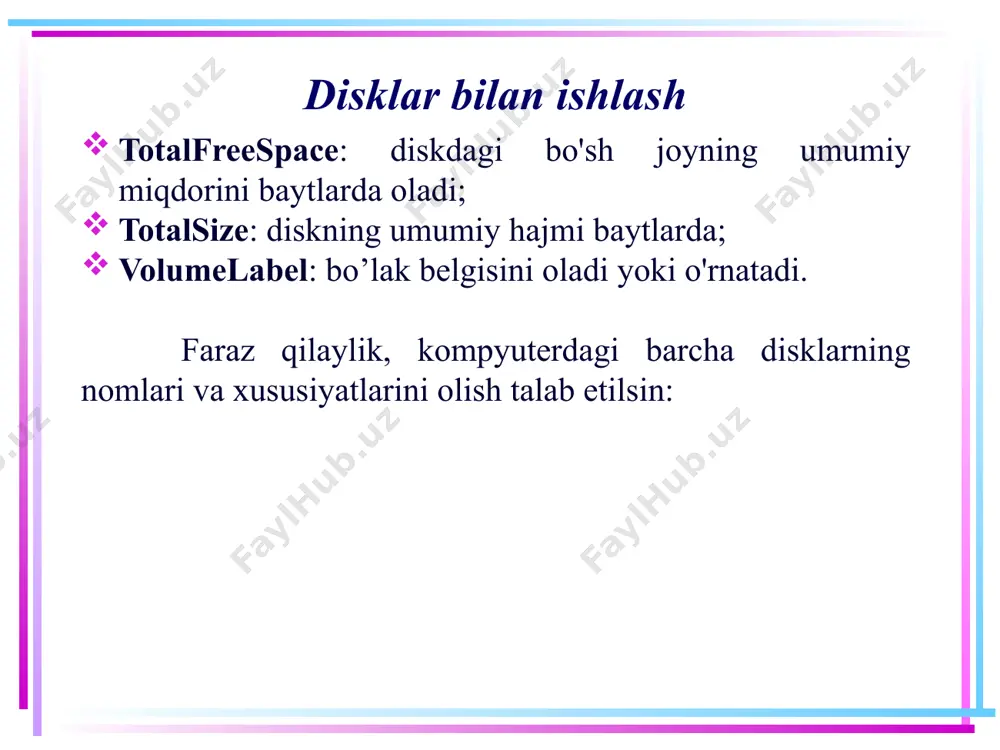 info(oldpath); if (dirinfo.exists && directory.exists(newpath) == false) { dirinfo.moveto(newpath); } katalogni ko'chirishda shuni yodda tutish kerakki, eski katalog nomi bilan boshqa katalog mavjud bo'lmasligi kerak. 13 fayllar bilan ishlash. file va fileinfo sinflari directory/directoryinfo juftligi singari, fayllar bilan ishlash uchun ham file va fileinfo sinflari juftligi mo’ljallangan. bu sinflar yordamida fayllarni yaratish, o'chirish, ko'chirish, ularning xususiyatlarini olish va boshqa bir qancha ishlarni bajarish mumkin. fileinfo sinfining ba'zi muhim metodlari va xususiyatlari: copyto(path): faylni yangi path manziliga nusxalaydi; create(): fayl yaratadi(ochadi); delete(): faylni o'chiradi; moveto(destfilename): faylni yangi joyga ko'chiradi directory xususiyati: bosh katalogni directoryinfo obyekti sifatida oladi; directoryname xususiyati: bosh katalogning to'liq manzilini oladi; 14 fayllar bilan ishlash. file va fileinfo sinflari exists xususiyati: fayl mavjudligini bildiradi; length xususiyati: fayl hajmini oladi; extension xususiyati: fayl kengaytmasini oladi; name xususiyati: fayl nomini oladi; fullname xususiyati: faylning to'liq nomini oladi. file sinfi statik metodlardan foydalangan holda shunga o'xshash funksiyalarni amalga oshiradi: copy(): faylni …