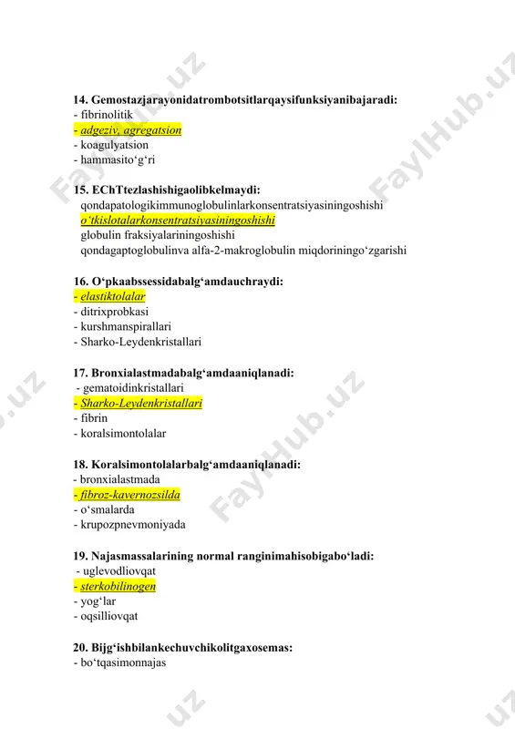 gasosiymorfofunksionalbirligibu: · kanalcha · nefron · yig‘uvchinaylar · koptokcha 32. "poykilotsitoz" nimanibildiradi: · turlixildiametrdagieritrotsitlar · turlixilshakldagieritrotsitlar · eritrotsitlarhajmi · eritrotsitlarningsoni 33. najasning normal ranginimabilanbelgilanadi: · uglevodliovqat · sterkobilinogen · yog‘lar · oqsilliovqat 34. ginekologiyadasitologikskriningningasosiyvazifasinimadaniborat: - gormonalxolatnianiqlash · o‘smaoldiprotsesslarinivaertaraknianiqlash · bepushtliknioldiniolish · bachadonbo‘yinchasi raki turlarinitarqalishinianiqlash 35. granulotsitarqatorningqaysihujayralarinormadaperiferikqongachiqadi: · limfotsitlar, monotsitlar, segmentoyadrolineytrofillar · eozinofillar, bazofillar, plazmatikhujayralar · tayoqchayadroliva segment yadrolineytrofillar, eozinofillar, bazofillar · azurofildonadormonotsitlar, bazofillar, eozinofilar 36. plazmatikhujayralarqaysihujayralardanhosilbo‘ladi: - makrofag · b-limfotsit · fibroblast · ko‘rsatilaganhammahujayralardan 37. genetikaxborothujayraningqaysiqismidajamlangan: · yadromembranasida · dnkda yadrochada nukleoplazmada 38. periferikqondaretikulotsitlarningoshishinimadandalolatberadi: · suyakko‘migida normal qonhosilbo‘lishidan · suyakko‘migining regenerator funksiyasiningkuchayganidan · bemordasurunkaliqonyo‘qotishdan · periferikqondaretikulotsitlarningparchalanishidan 39. bronxlarqandayepiteliybilanqoplangan: · o‘tuvchiepiteliy · ko‘pqatorlihilpillovchiepiteliy · ko‘pqavatliyassimuguzlanuvchiepiteliy · ko‘pqavatliyassimuguzlanmaydiganepiteliy 40. bachadonshilliqqavatiqandayepiteliybilanqoplangan: · ko‘pqatorlihilpillovchiepiteliy · silindrikepiteliy · o‘tuvchiepiteliy · ko‘pqavatliyassimuguzlanuvchiepiteliy 41. tahlil natijalarigaichkilaboratoriyaxususiyatiningquyidagiomillari ta’sirqilishimumkin: - namunasaqlashsharoitlari · pipetkadaishlashomili, ishlatilganusulprinsipi · gemoliz, lipemiya · yuqoridaaytilganlarninghammasi 42. ot zardobidantayyorlangannazoratmaterialiquyidagihollardafoydalanishmumki