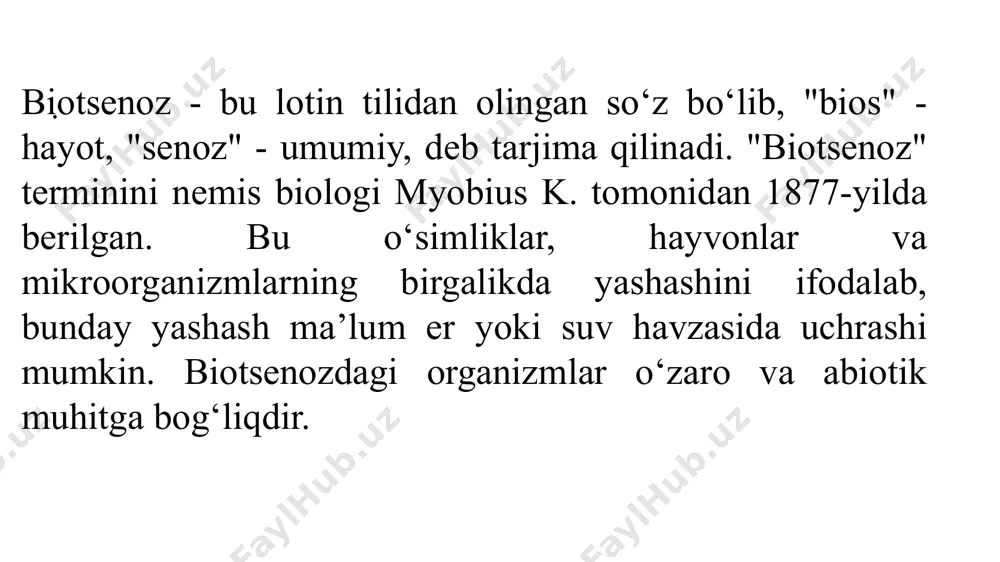 a anorganik komponentlar birligida, modda almashinuvini amalga oshiradi. shu tarzda ekologik sistema tashkil topadi. "ekosistema» tushunchasi ilk bor ingliz ekologi a. tensli (1935) tomonidan qo‘llanildi. u ekosistemalarni tabiatning yer yuzidagi eng asosiy birligi deb hisobladi. modda aylanishinig amalga oshishi uchun anorganik moddalar va yana 3 ekologik guruh organizmlari - produtsentlar, konsumentlar va redutsentlar bo‘lishi lozim. produtsentlar - bu avtotrof organizmlar bo‘lib, anorganik birikmalaridan foydalanadi. konsumentlar - bu geterotrof organizmlar bo‘lib, produtsentlar va boshqa konsumentlar hosil qilgan organik moddalardan foydalanadi. redutsentlar - organik moddalar hisobiga yashaydi va ular moddalarni qayta o‘zlashtiriladigan birikmalarga aylantiradi. tabiatda turli ekosistemalar uchraydi. masalan daraxtlardagi lishayniklar yostiqchasi, yoki kichikroq muvaqqat suv havzasi, o‘tloq, o‘rmon, dasht, cho‘l, okean, butun er yuzining hayot bilan band qismi. ekosistema va biogeotsenoz terminlari bir - biriga yaqindir. "ekosistema" modda almashinuvi amalga oshib turadigan sistemani bildiradi. ozuqa zanjiri deganda biz nimani tushunamiz? jamoalardagi ozuqa zanjiri bu energiyaning bir organizmdan ikkinchisiga berilish ketma - …