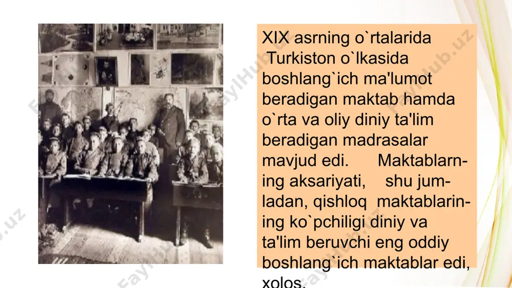 joriy qilinsin, degan ko`rsatmaga binoan yillarda ba'zi madrasalarda rus tilini o`qitish joriy qilindi. "maʼlumki, xix asr oxirida turkiston oʻlkasida 3.792.774 kishi yashagan boʻlib, maktablar soni 6.027 tani tashkil etgan [1. b.232]. maktabda taʼlim olayotgan oʻquvchilar soni 64015 nafarni, yaʼni aholi soniga nisbatan oʻquvchilar 1,7 foizni tashkil etgani holda, savodxonlik 19,55 foiz boʻlgan. oktyabr inqilobigacha turkiston oʻlkasida 70000 oʻquvchisi bilan 6600 ta maktab va 9000 talabasi bilan 311 ta madrasa faoliyat yuritgan "1897 yildagi rossiya tomonidan o`tkazilgan aholi ro`yxati ma'lumotlarini ko`rsatishimiz mumkin. masalan, osha aholi ro`yxatida qayd etilishicha, markaziy (o`rta) osiyo aholisining savodxonlik darajasi quyidagicha belgilangan: tojiklar - 99,5% savodsiz qirg`izlar - 99,4% savodsiz turkmanlar - 99,3% savodsiz o`zbeklar - 98,4% savodsiz qozoqlar esa -97,9% savodsiz deb hisoblangan. bu ko`rsatkichlarning barchasi uydirma edi. aslida turkiston o`lkasi xalqlarining savodxonlik darajasi chor rossiyasi aholisining savodxonlik darajasidan past emas edi. asrimiz boshlariga kelib, turkiston o`lkasidagi yirik markaziy shaharlarda oliy ta'lim maskani hisoblangan quyidagi madrasalar …