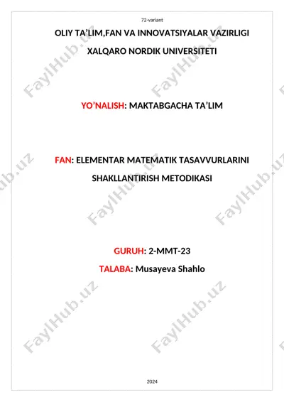 elementar matematik tasavvurlarini shakllantirish metodikasi — DOCX