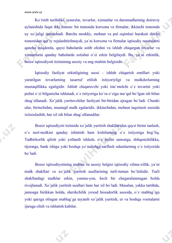 ng asosini tashkil qiladi. narx pul bilan o`lchanadi. bozor iqtisodiyoti pulsiz bo`lishi mumkin emas. pul iqtisodiy munosabatlarning asosiy vositasi bo`lib, iqtisodiyotda o`ta muhim rol o`ynaydi. pul munosabatlari bozor iqtisodiyotining ajralmas qismi hisoblanadi. bozor iqtisodiyoti va uning iqtisodiy mexanizmida raqobat asosiy o`rin tutadi. raqobat iqtisodiy munosabatlar ishtirokchilarining o`zgalarnikidan alohidalashgan manfaatini bildiradi. lekin bu manfaat yo`lida kurash qoidalariga rioya qilish shart hisoblanadi. manfaatlarni yuzaga chiqarishning birdan-bir yo`li raqobatbardosh va jamiyat uchun zarur bo`lgan tovarlarni ishlab chiqarishdir. raqobat moddiy va mehnat resurslarini kam sarflagan holda ularni samarali ishlatib, ko`proq va sifatliroq tovar ishlab chiqarishga undaydi. shuning uchun ham raqobat bozor iqtisodiyotini harakatga keltiruvchi vositadir. shu bilan birgalikda, u iqtisodiyotni tartibga soluvchi va nazorat qiluvchi kuch ham hisoblanadi. xulosa qilib aytish mumkinki, bozor iqtisodiyoti mulkchilik shakllari va xo`jalik yuritish usullarining xilma-xilligi, erkin iqtisodiy faoliyat va sog`lom raqobatga asoslangan tizimdir. bozor iqtisodiyotining o`ziga xos ijtimoiy adolat qoidalari bor. iqtisodiyotdagi resurslar, ishlab chiqarilgan tovarlar va xizmatlarni …
