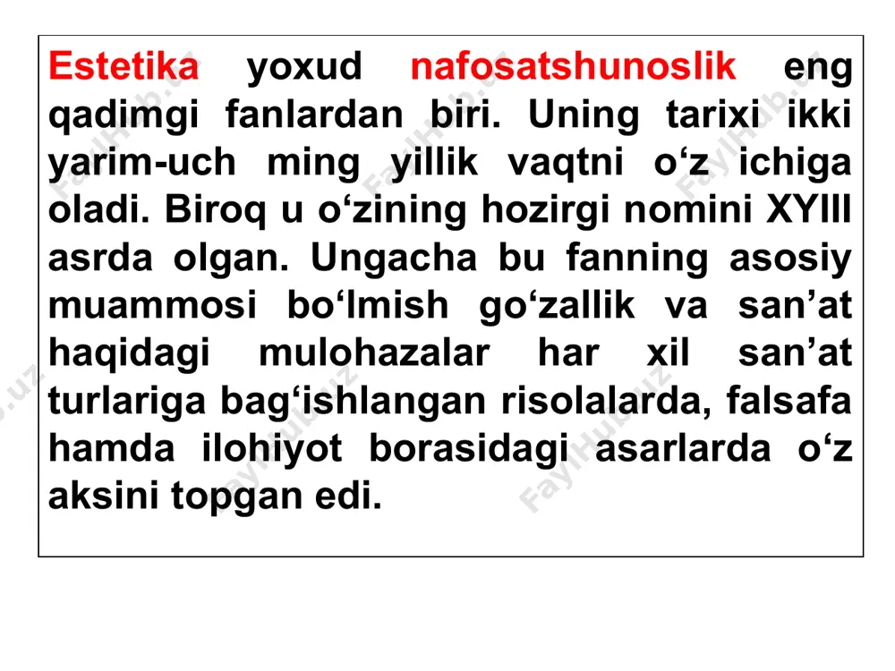 samimiy aloqalari, ta’sirlarga aytiladi. estetika kategoriyalari estetika kategoriyalari voqelikning belgilarini, aloqalarini tomonlarini, o‘ziga xos bo‘lgan estetik xususiyatlarini aks ettiruvchi tushunchalardan iborat. estetikaning go‘zallik, xunuklik, ulug‘vorlik, tubanlik. tragiklik, komiklik, estetiklik, badiiylik, dramatiklik, tragikomiklik, qahramonlik kategoriyalari mavjud. estetika kategoriyalari o‘zaro bir-biri bilan aloqadadir. ular bir-birini to‘ldiradi va rivojlanishiga ko‘maklashadi. falsafa kategoriyalari ob’ektiv borliqning eng umumiy tomonlarini o‘rgansa, estetika kategoriyalari esa o‘sha borliqning estetik xususiyatlarini ochib berish uchun xizmat qiladi. kategoriya (gr. kategoria-ko‘rsatma, guvohlik) estetikada asosiy tushunchalar bo‘lib, bu tushunchalar voqelikning estetik xossalarini, sifatlarini, tomonlarini, munosabatlarini estetik bilish mohiyatini ifodalaydi. estetika kategoriyalar sistemasi ham estetika fanining nazariy ravnaqiga mos ravishda yangicha tushunchalar bilan doimo boyib boradi. shunday qilib estetika kategoriyalari olamni estetik bilish bosqichlari bo‘lib insonni estetik tarbiyalashda vazifasi ulkandir. bugungi kunda go‘zallik – ulug‘vorlik – fojiaviylik – kulgililik; estetik ideal – estetik did – estetik tuyg‘u; san’at – badiiy obraz – ijodkorlik ko‘rinishdagi tizim estetika fanining kategoriyalar tasnifida kengroq qo‘llanilmoqda. darsliklar va …